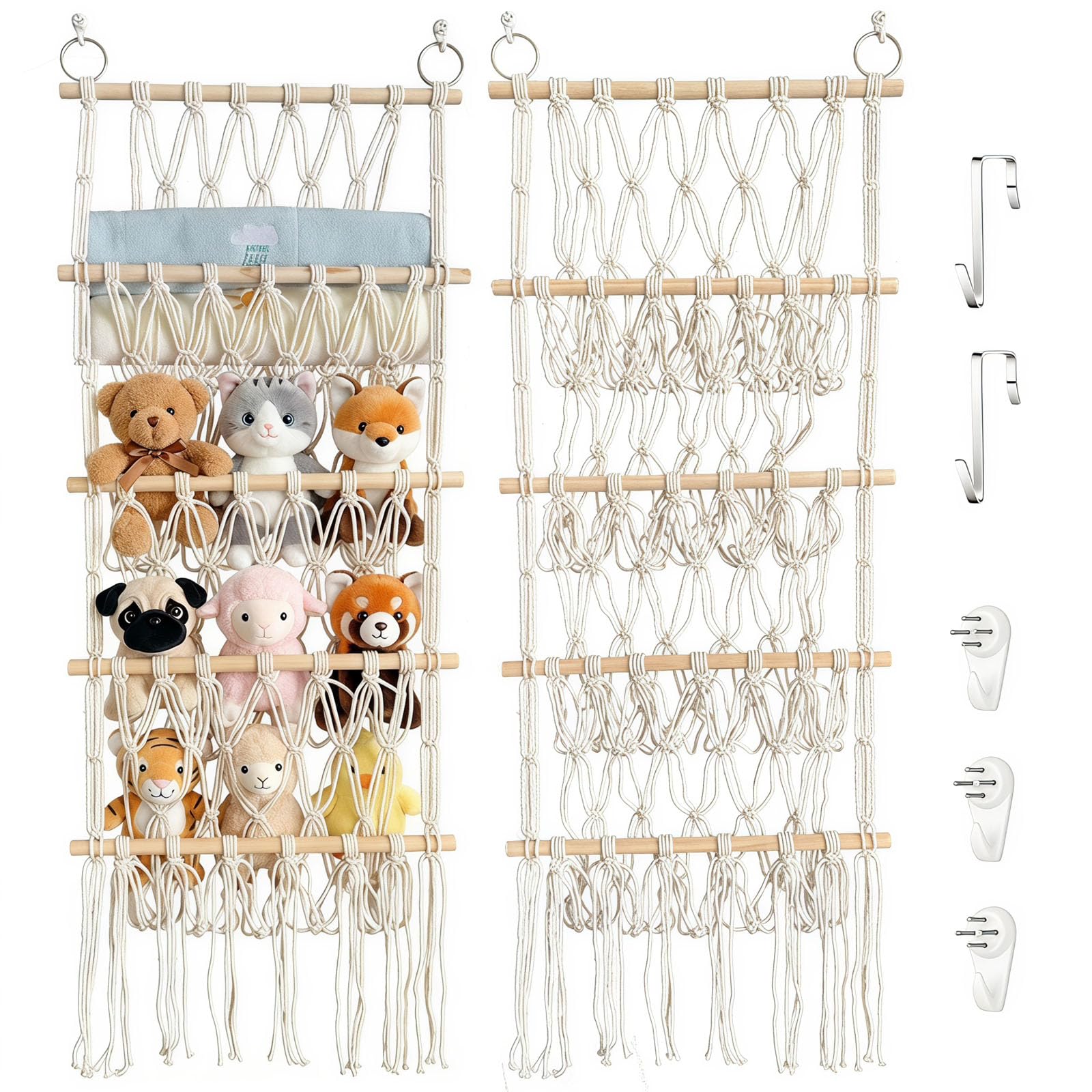 Rangement Peluche Chambre Enfant, 4 Couches Style Bohème Range Peluche Doudou, Filet Peluch à Suspendre avec 2 Crochets et 3 Clous Sans Trace pour Chambres d'Enfant, Salon, Chambre à Coucher