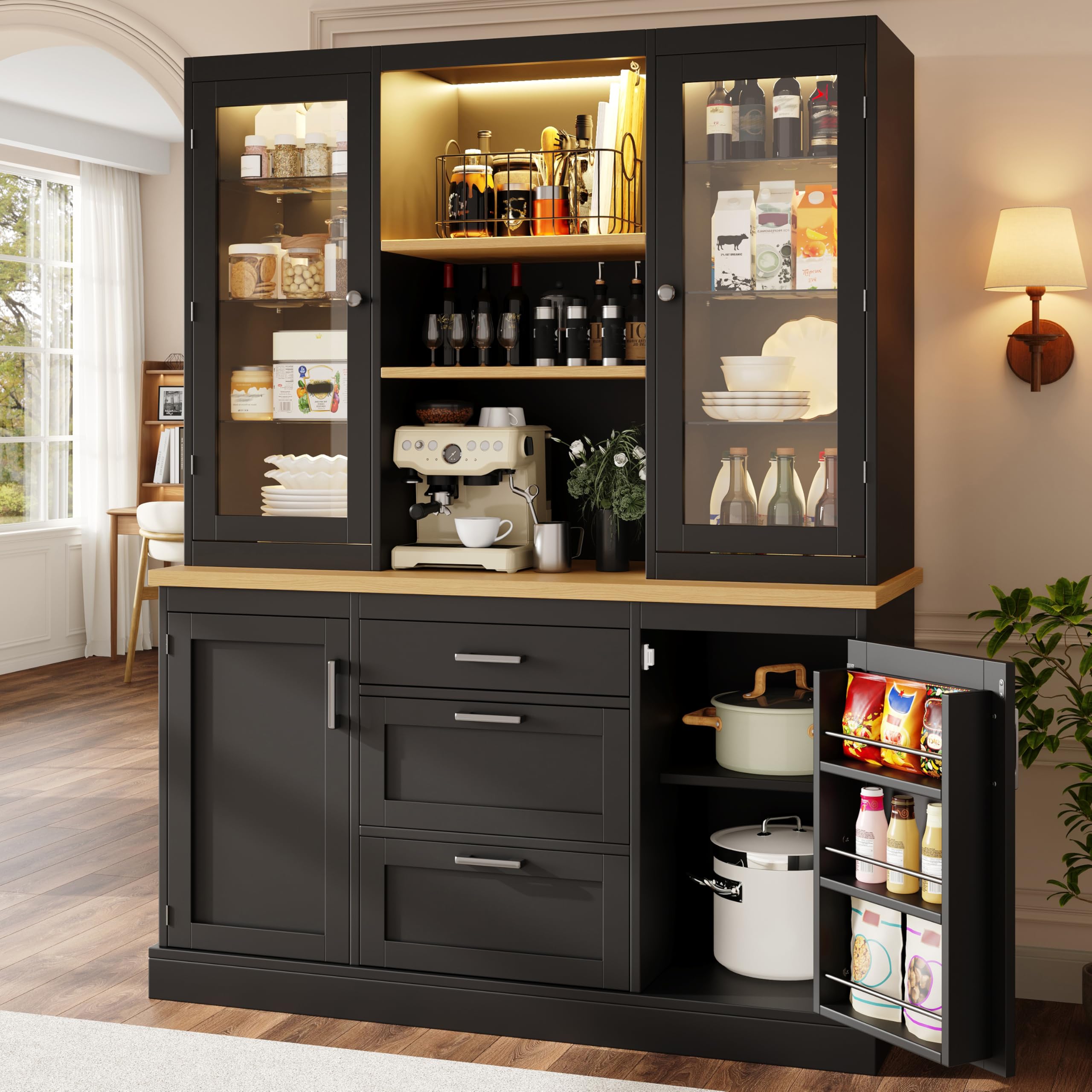 Armoire de cuisine avec plan de travail - Armoire de buffet avec étagères réglables - Éclairage LED contrôlé par application - Armoire haute polyvalente pour cuisine et salon - 140 × 40 × 185 cm (noir