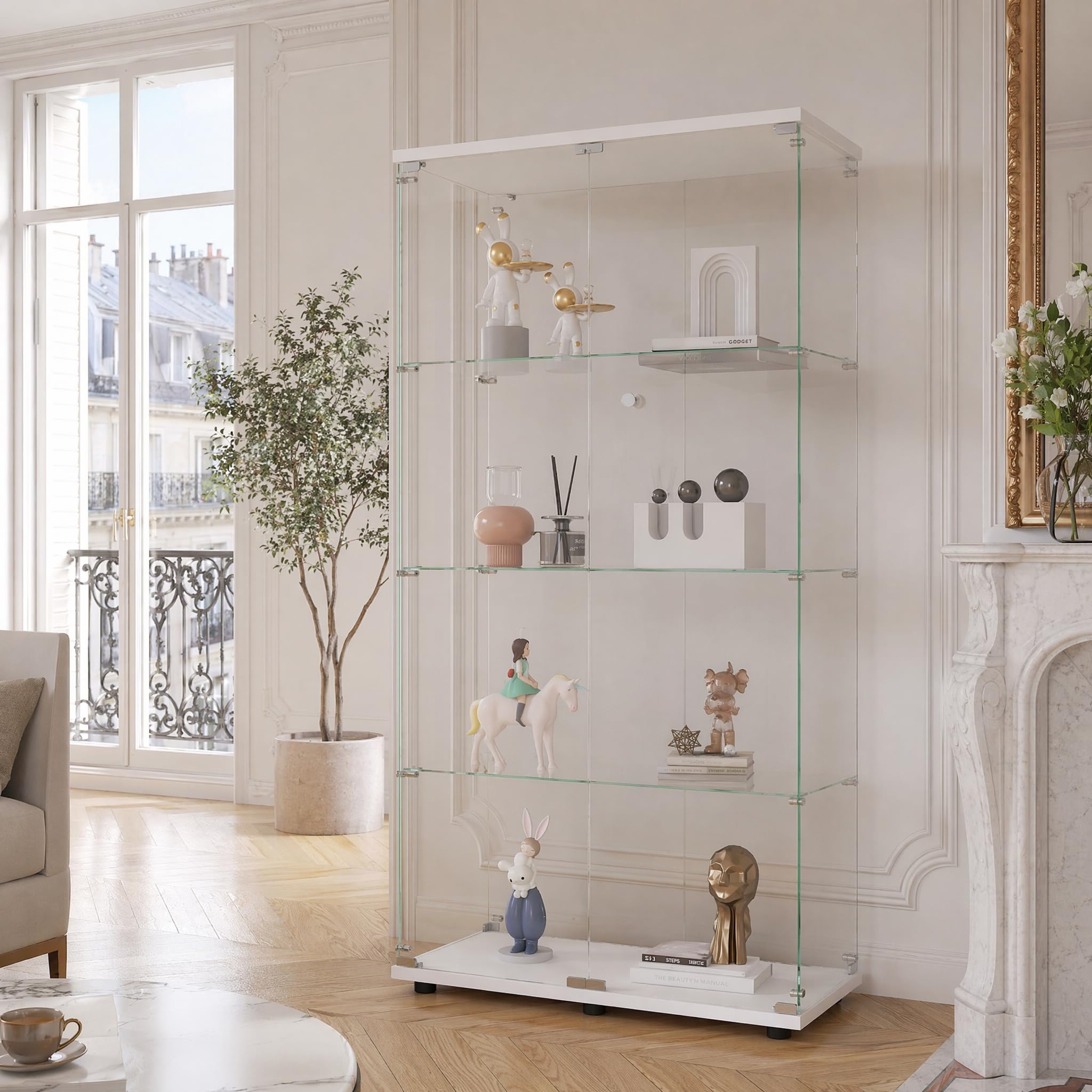 FOERPL Vitrine aus Glas mit 2 Türen und 4 Schichten, Schrank mit Schloss für Sammlung, Wohnzimmer Bar (Weiß) Küche, Haushalt & Wohnen