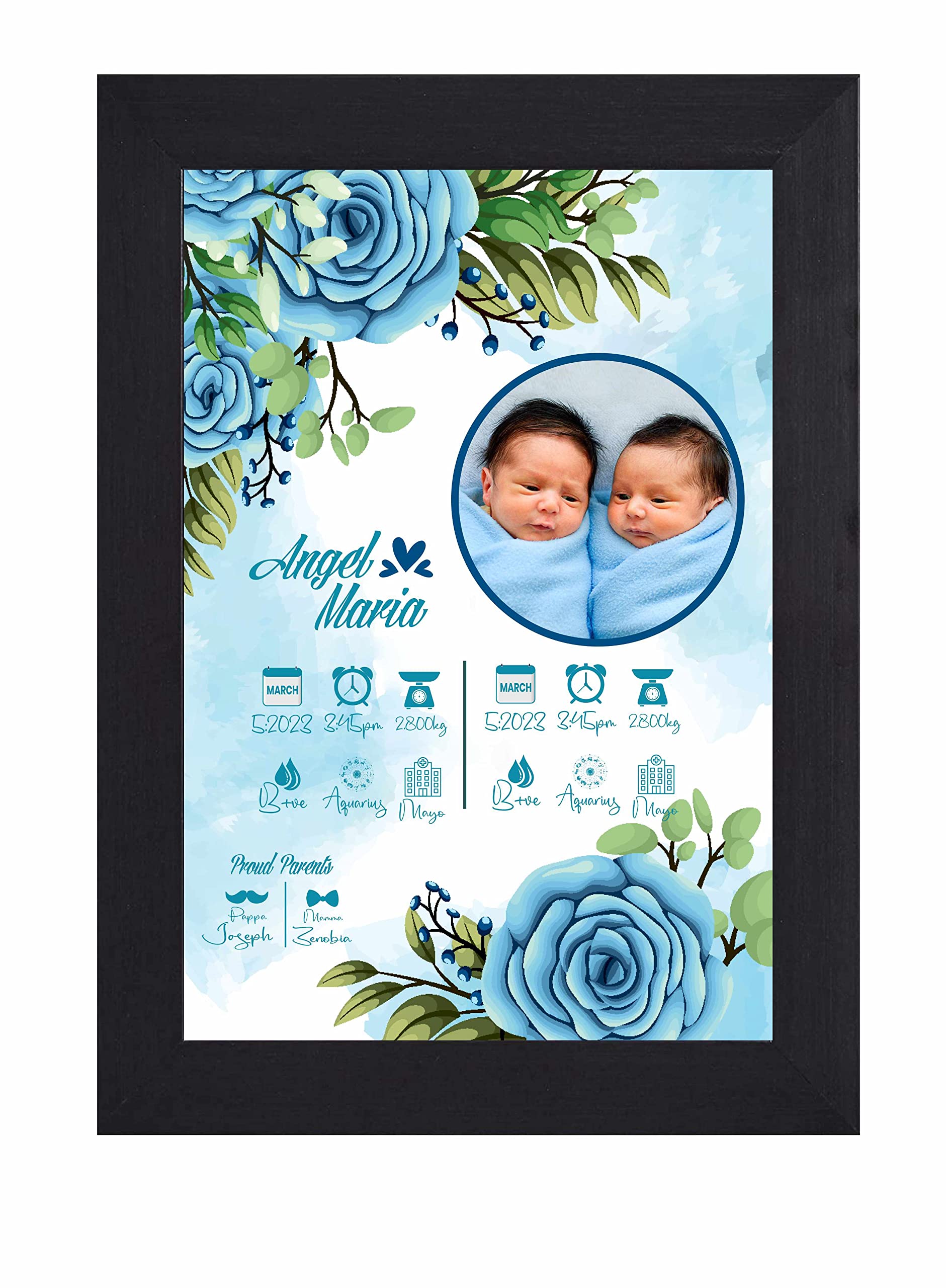 BIRD'S MINDCustomized New Born Baby With Name & Details Photo Frame For Room Home Wall Gift Decors L X H 9.5 X 13.5 Inch