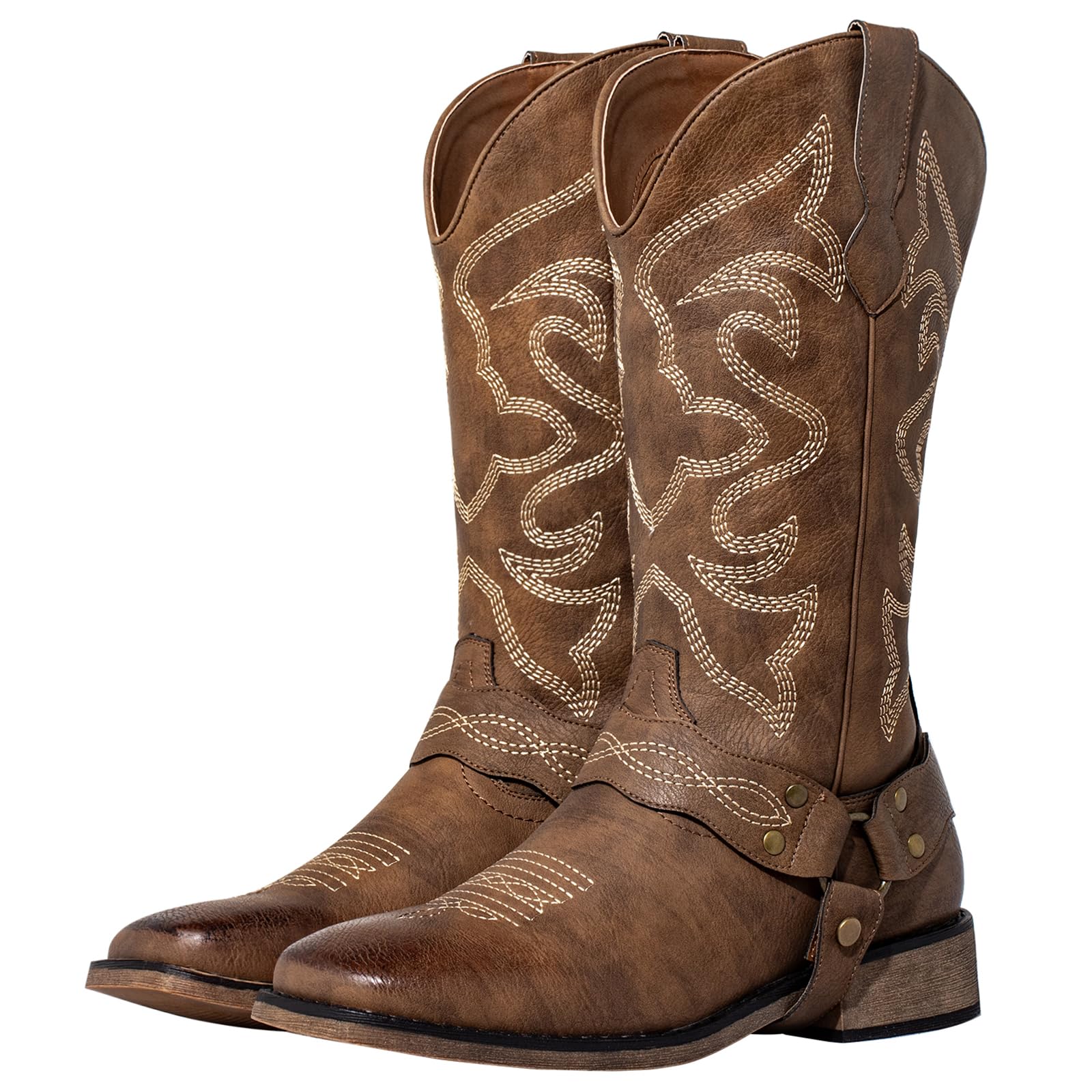 Square Toe Cowboy Boots for Women with Buckle Strap - Lightweight Wide Calf Western Cowgirl Boots with Cushion