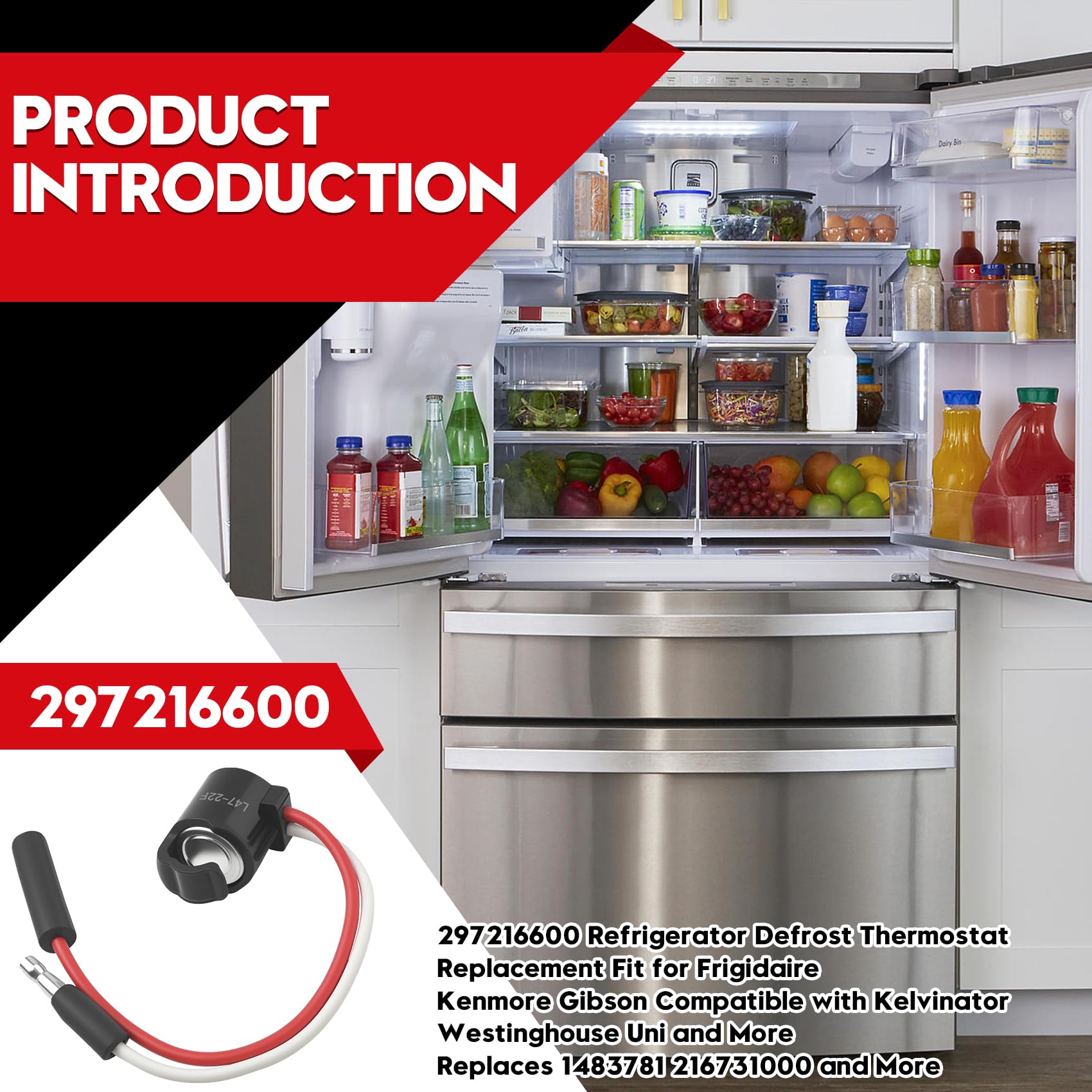297216600 - Termostato di ricambio per sbrinamento frigorifero, adatto per Frigidaire, Kenmore, Gibson, compatibile con Kelvinator, Westinghouse, Uni e altri, sostituisce 1483781, 216731000 e altri