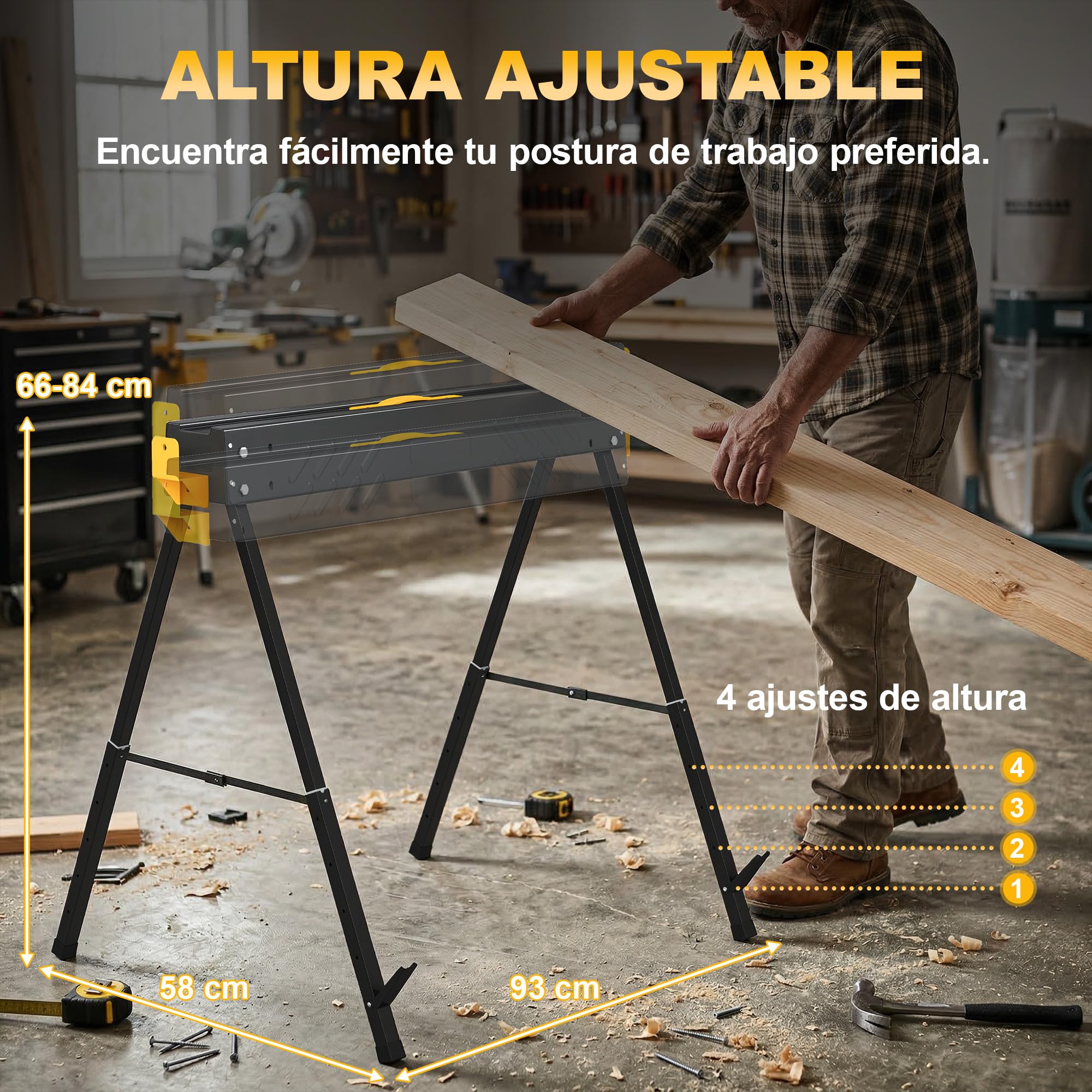 HOMCOM Set de 2 Caballetes para Sierra Plegables, Banco de Trabajo, Altura Ajustable, para Madera 2x4, con Asa, Ganchos, Base Antideslizante, para Carpintería y Bricolaje, Soporta hasta 500 kg, Negro
