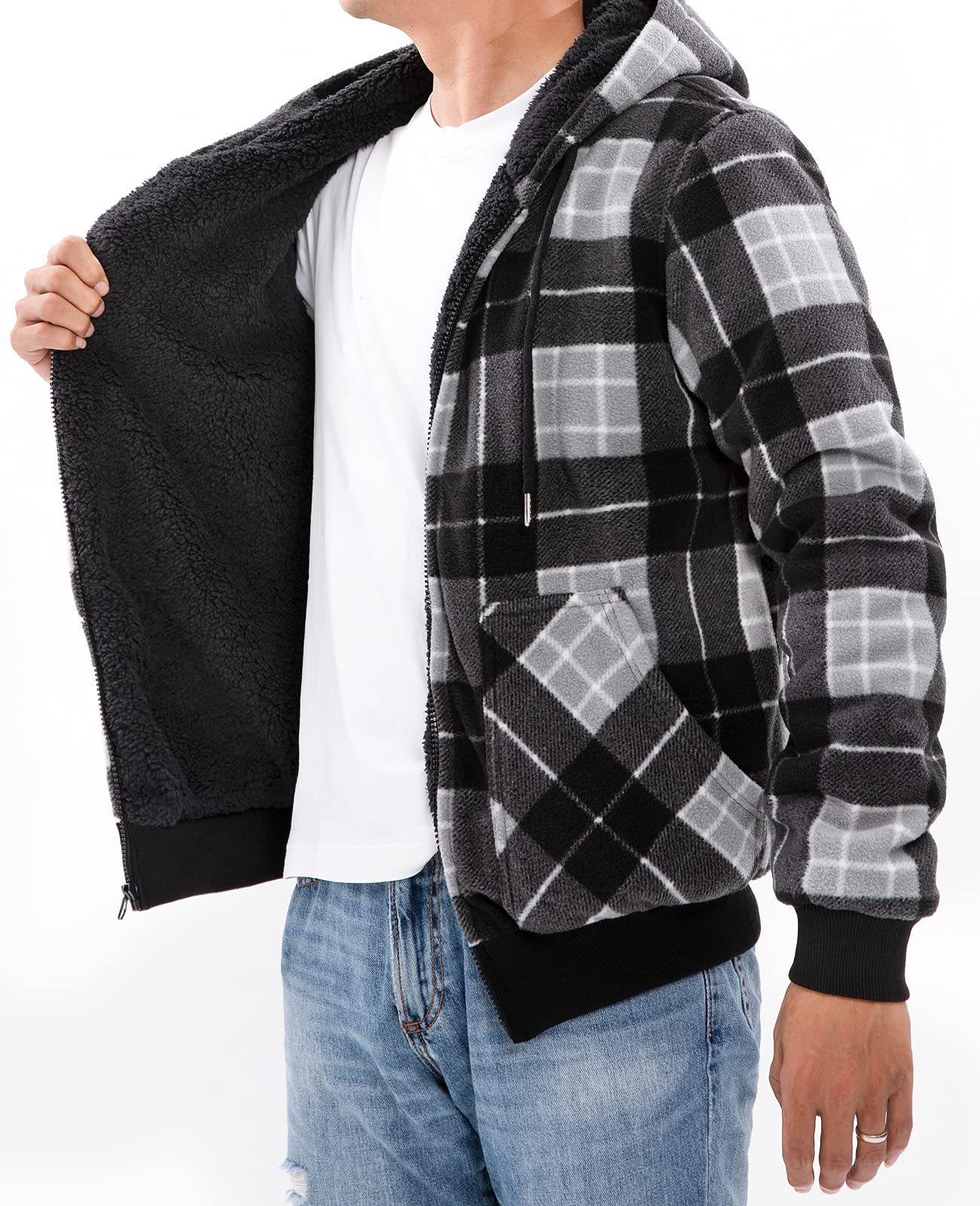 Męska bluza z kapturem z podszewką Sherpa z pełnym zamkiem błyskawicznym dla mężczyzn, bluza z kapturem kurtka (podszewka Sherpa), Czarny/Szary, XL
