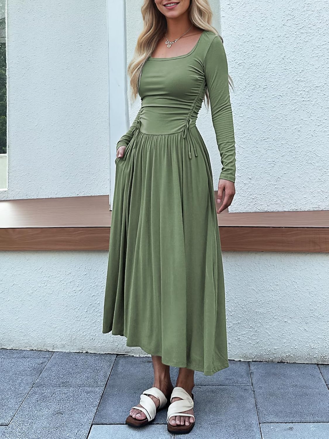 Women’s Long Sleeve Square Neck Maxi Dress Adjustable Waist Tie Casual Flowy A-Line Pleated Dresses with Pockets - Image 2