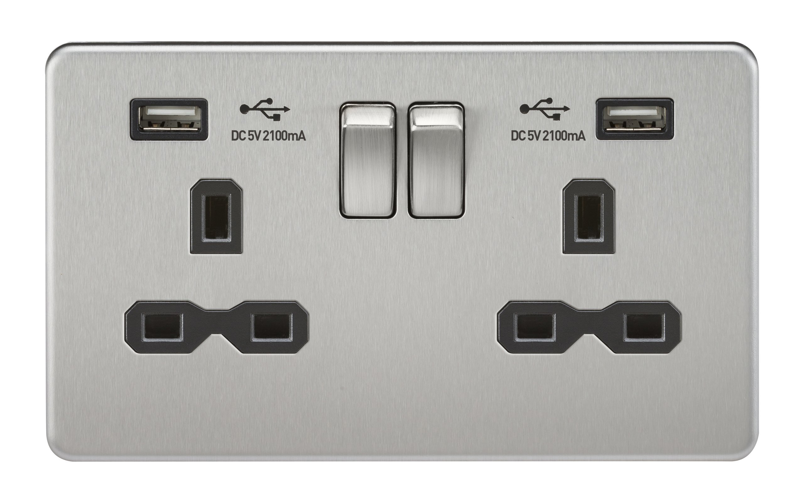 Knightsbridge SFR9902BC Screwless 13A 2G Switched Socket with Dual USB Charger-Brushed Chrome with Black Insert, Silver