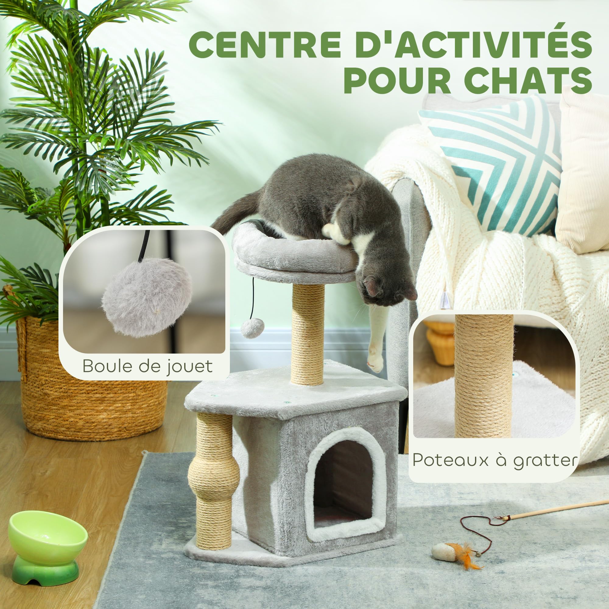 PawHut Arbre à Chat, Tour de Jeux pour Chats, Hauteur de 66 cm, avec poteaux à griffer en Jute, lit Maison pour Chat, Plateforme, Balle de Jeu, Gris Clair