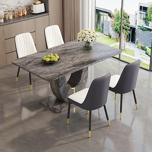 Miniatura 127 de JUFU Juego de mesa de comedor para 6 personas con sillas tapizadas de poliuretano, mesa y sillas de comedor de mármol sintético gris de 63 pulgadas,