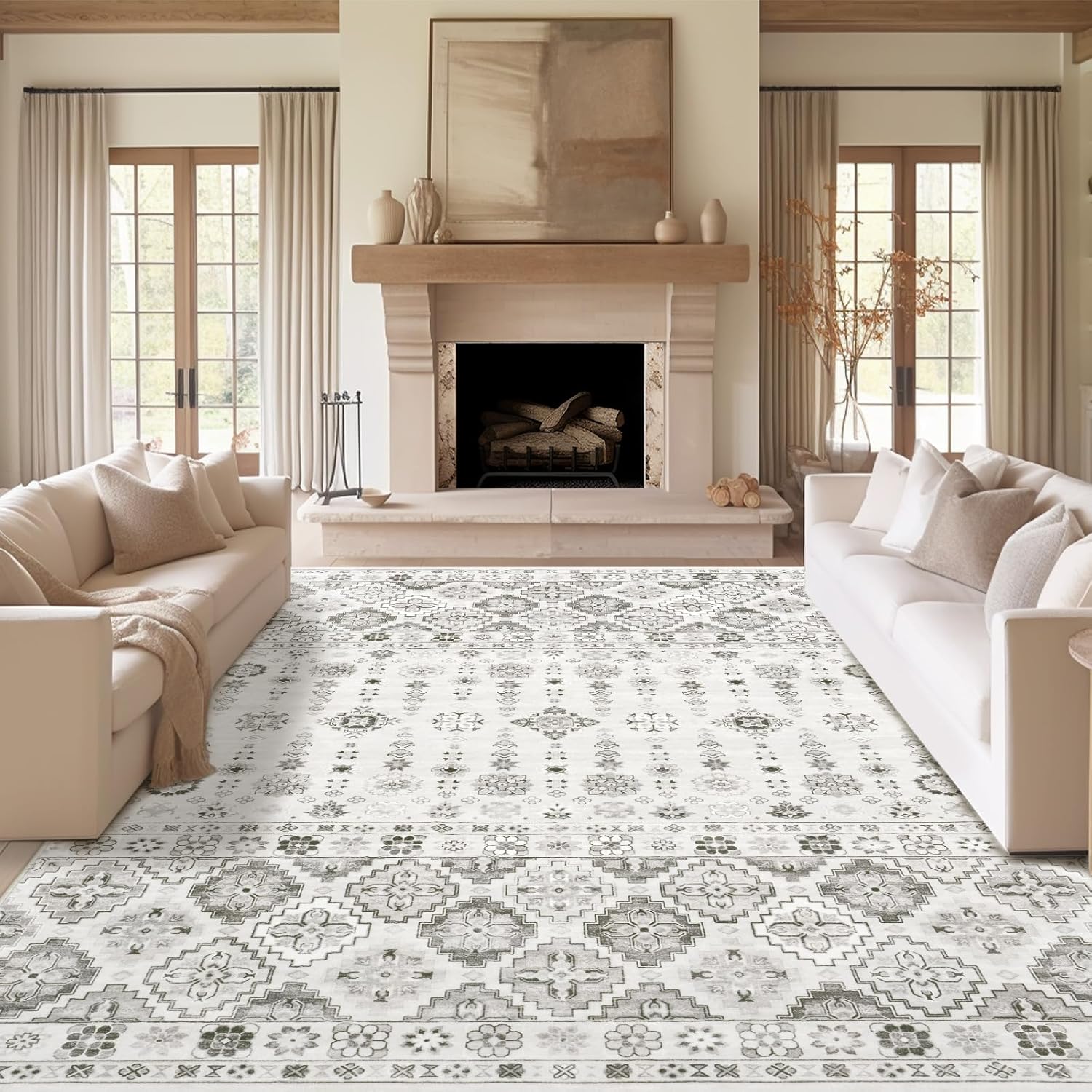 8x10 Area Rug for Living Room Low Pile Vintage Washable Gray Rugs for Bedroom Area Rugs 8x10 for Dining Room Indoor Foldable Non-Slip Grey Thin Rugs Grey Ivory 8x10