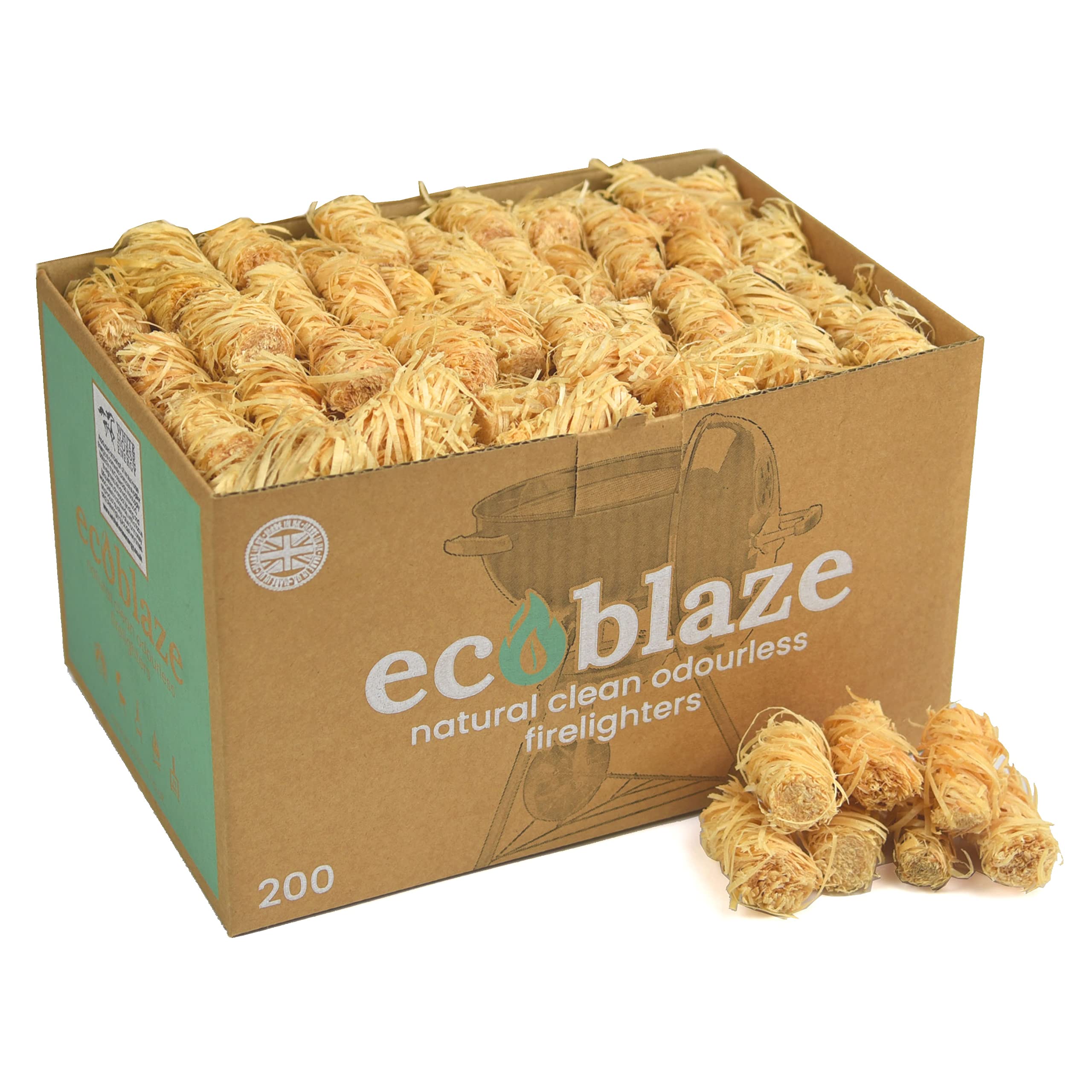 Ecoblaze Natural Firelighters ​​- Fire Lighters for Wood & Log Burners - Wood Wool Fire starters for BBQ & Pizza Oven Firestarters - Safe, Clean & Odourless Wax Coated Instant Firestarters - 200 Box