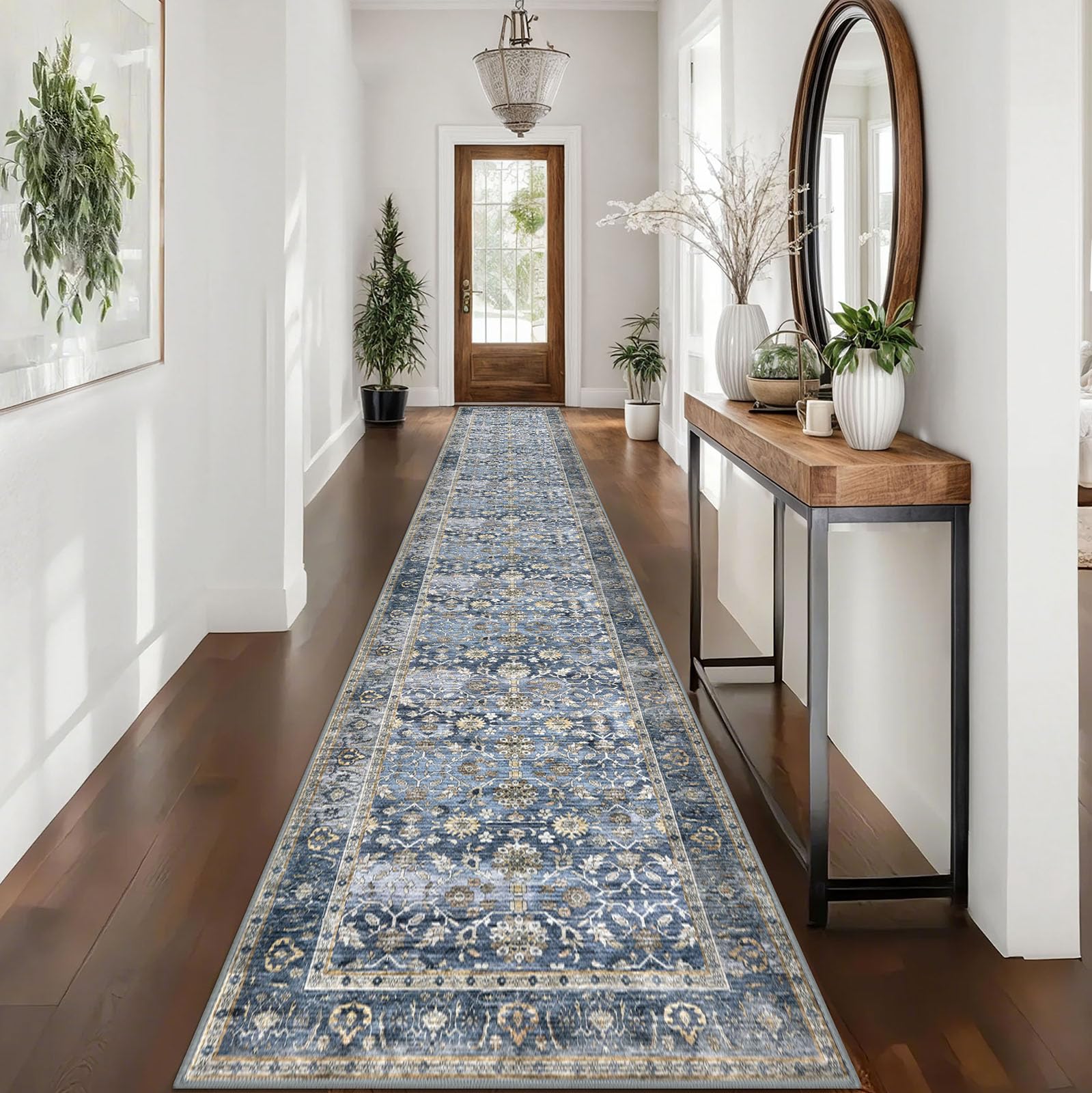 KUTA blue grey beige vintage washable runner rug