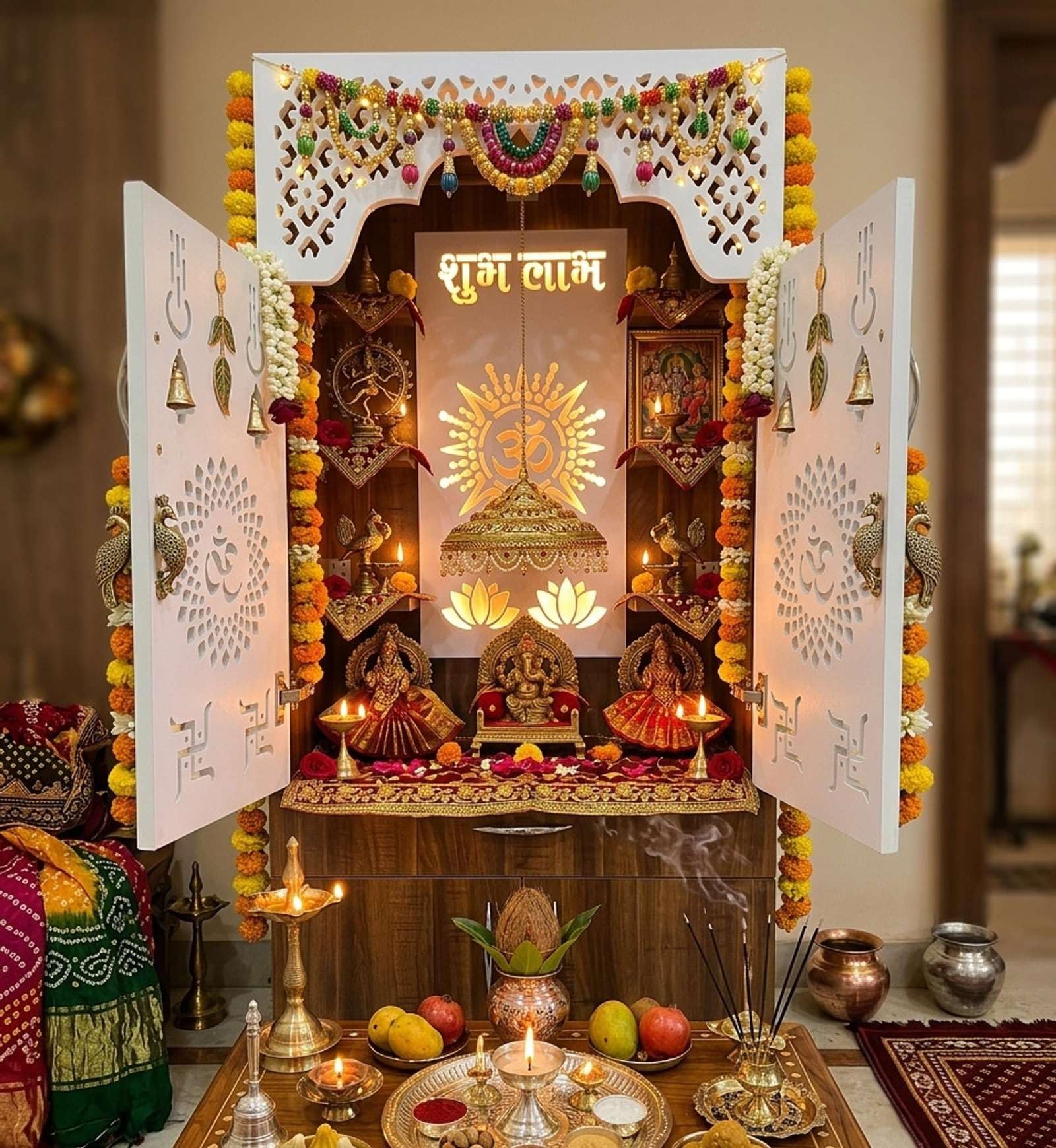 Wooden Pooja Mandir Temple for Home with LED Light | Shubh Labh Om Mandala Design | Wooden Temple with Doors & Storage Cabinet | Large Size Home Mandir (White-Brown)-image-25