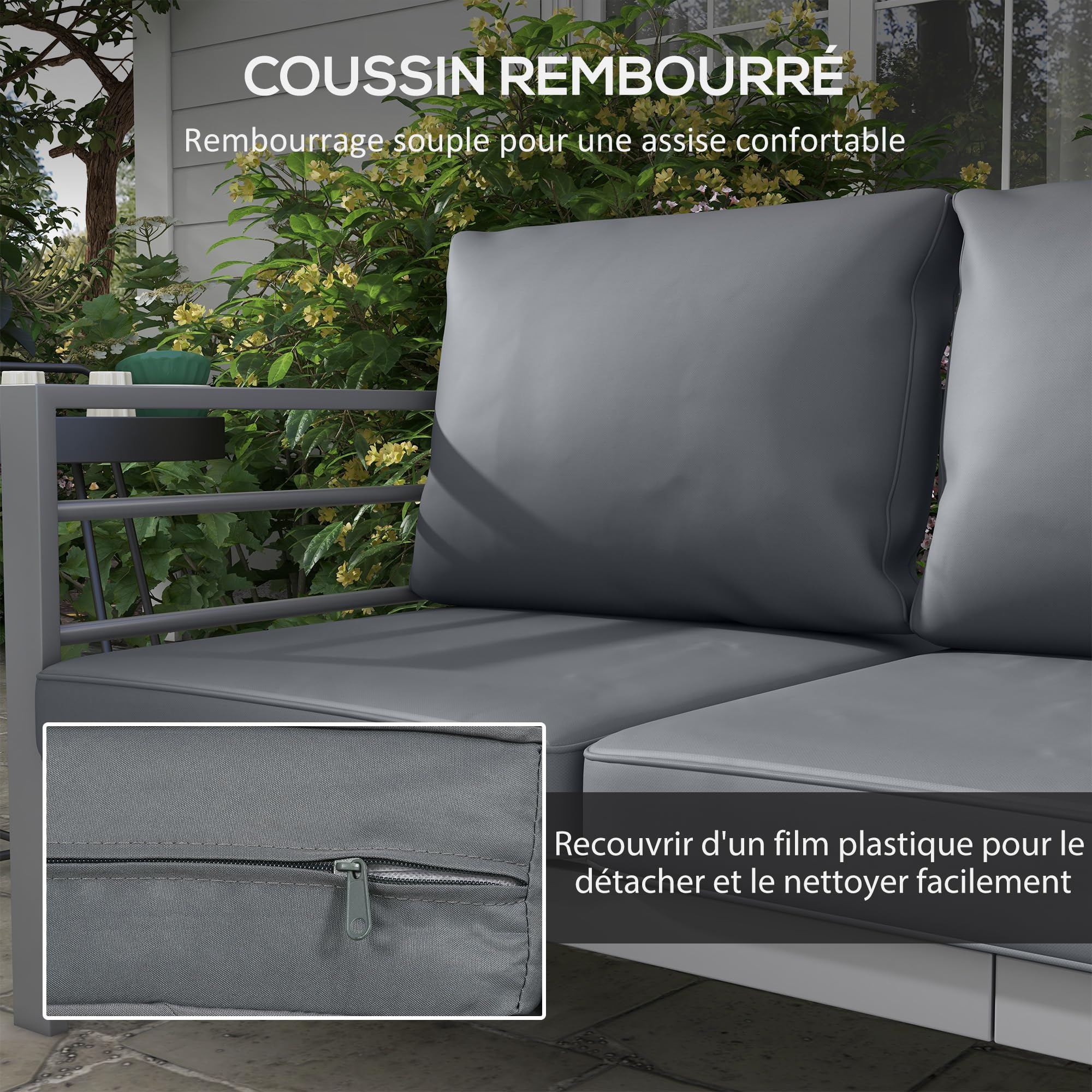 Outsunny Canapé de Jardin 3 Places Extérieur Aluminium 185L x 66l x 64H cm | Coussins d'Assise et Dossier