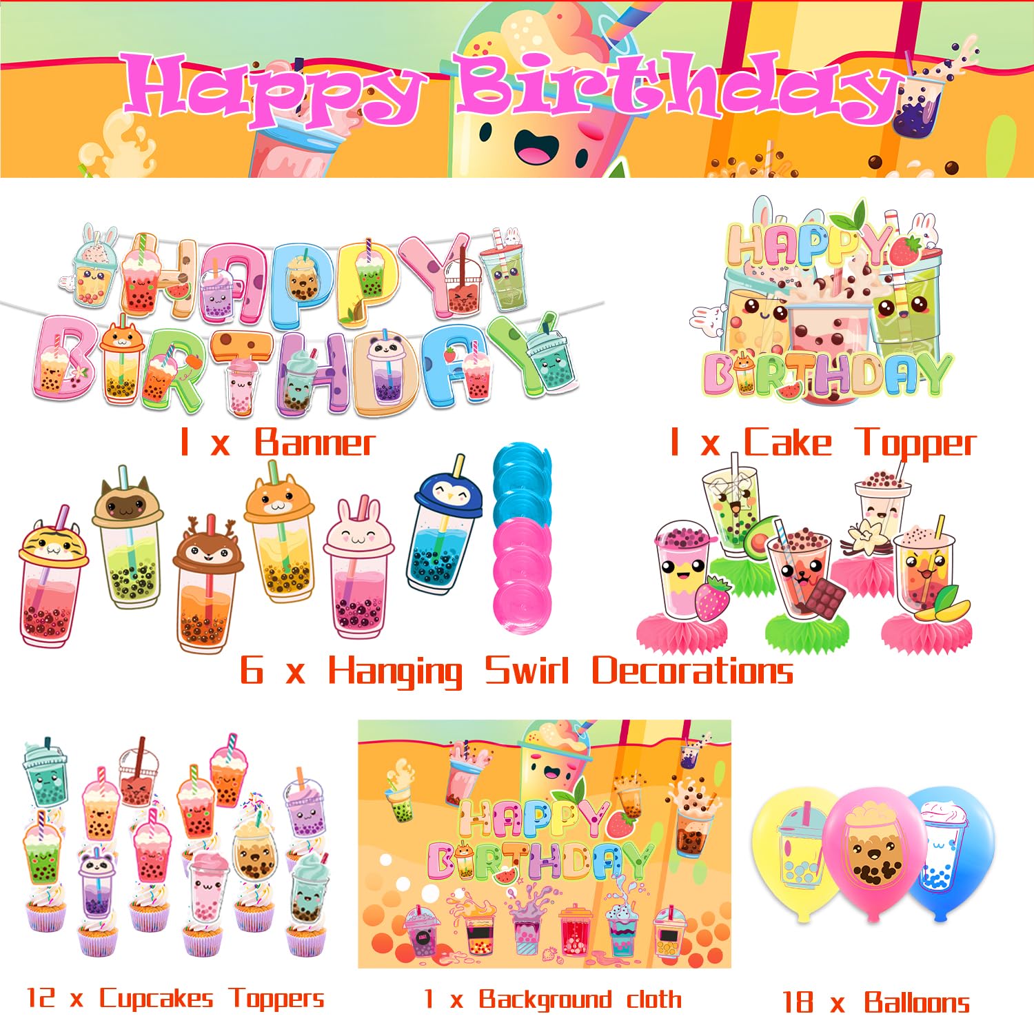 Decoraciones de fiesta de té Boba - Decoraciones de cumpleaños con pancarta de té de Boba, fondo, espirales, centros de panal, adornos para cupcakes, globos