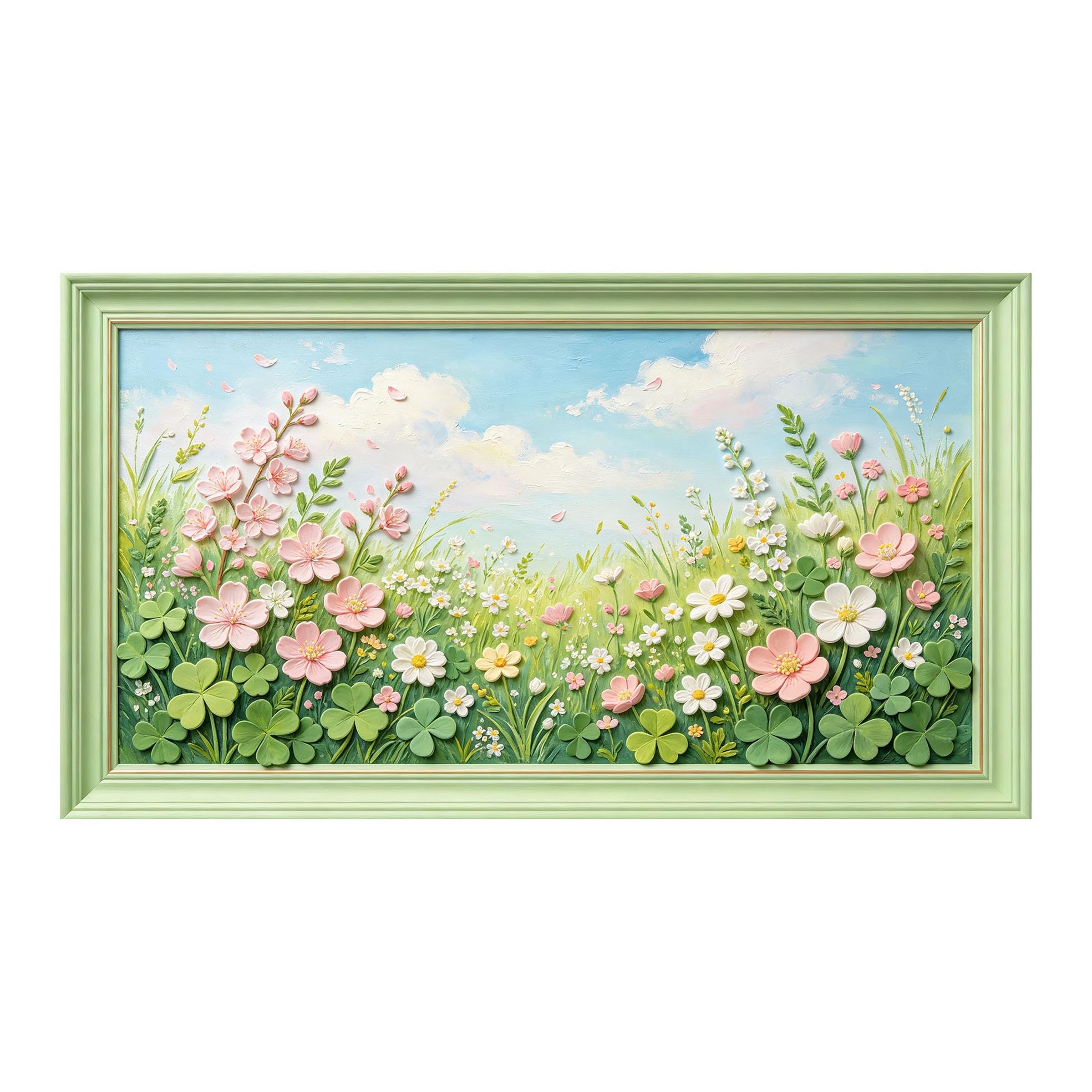 Murasolite 3D Framed Wall Art Spring Meadow Floral Oil Painting SelfAdhesive Fabric Mural Wall Decor， Peel and Stick No Damage to Wall， AntiFall Safe Design for Bedroom Living Room