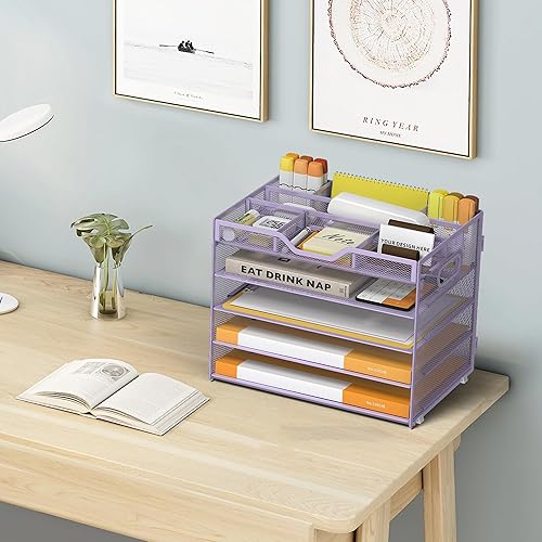 Miniatura 6 de Bandeja de papel de 5 niveles con 3 soportes para bolígrafos, organizador de archivos de escritorio de malla con asa, organizadores de escritorio y