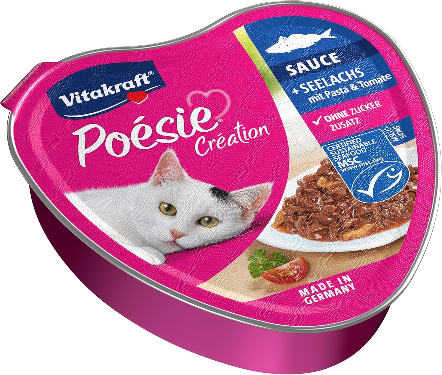 Vitakraft Poésie Création, Nassfutter Katze, Katzennassfutter in Sauce, mit Seelachs, mit Pasta und Tomate, ohne Zusatz von Zucker und Getreide (1x 85g)