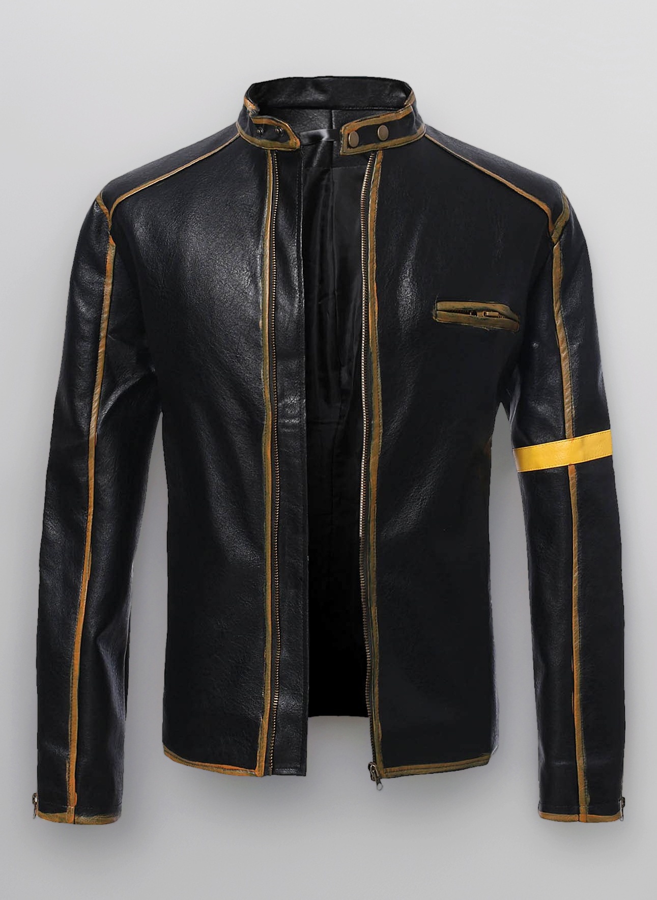 UnoSheng Men's Casual Jacket Striped Vintage Pilot Jacket Full Zip with Chest Pocket Denim Jacket Steampunk Jacket Medieval Stand-Up Collar Faux Leather Jacket Men's Slim Fit