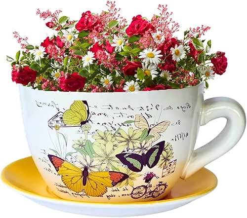 7.5" Round Ceramic Teacup Shape Planter Pot with Saucer for