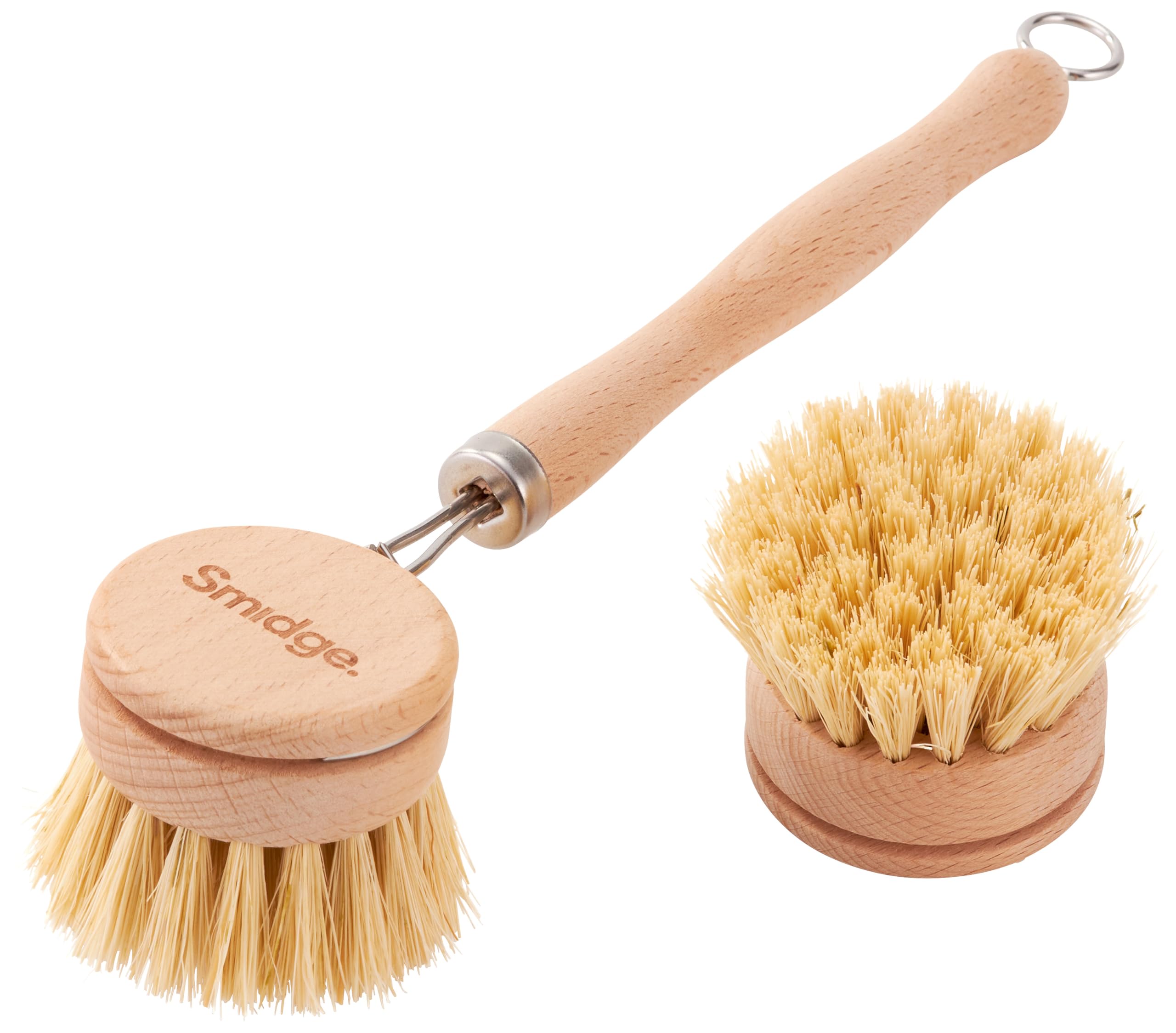 Smidge Natural Beechwood Dish Brush Set, Wooden Dish Brushes for Washing Up, Includes One Cleaning Wand with Head and One Spare Head