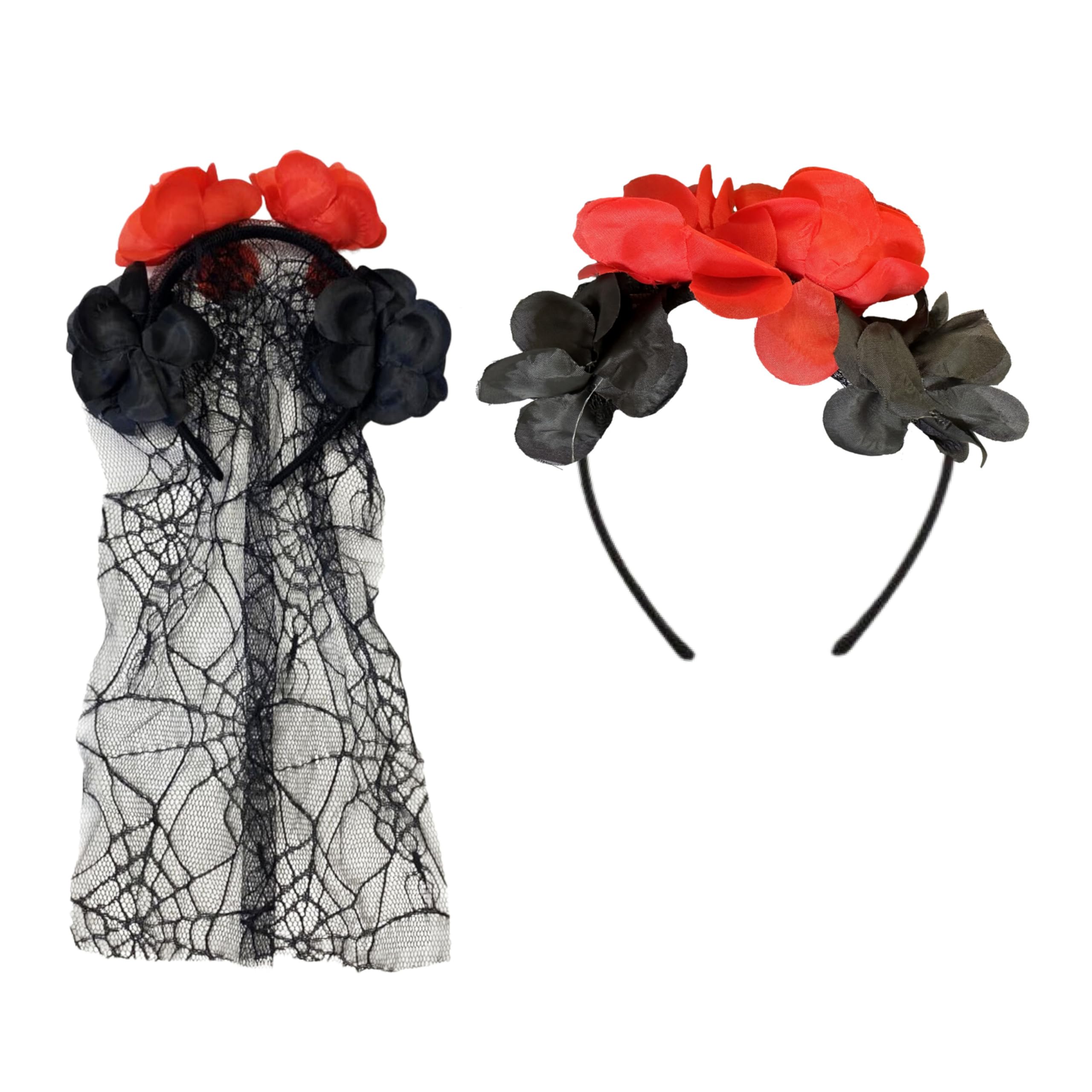 Lizzy Red and B;ack Flower Veil Headband | Halloween Head Hair Hat Headboppers Adult kids Mens Womens Fancy Dress Devil Angel Costume Accessory Cosplay Dark Night Party (Pack of 01)
