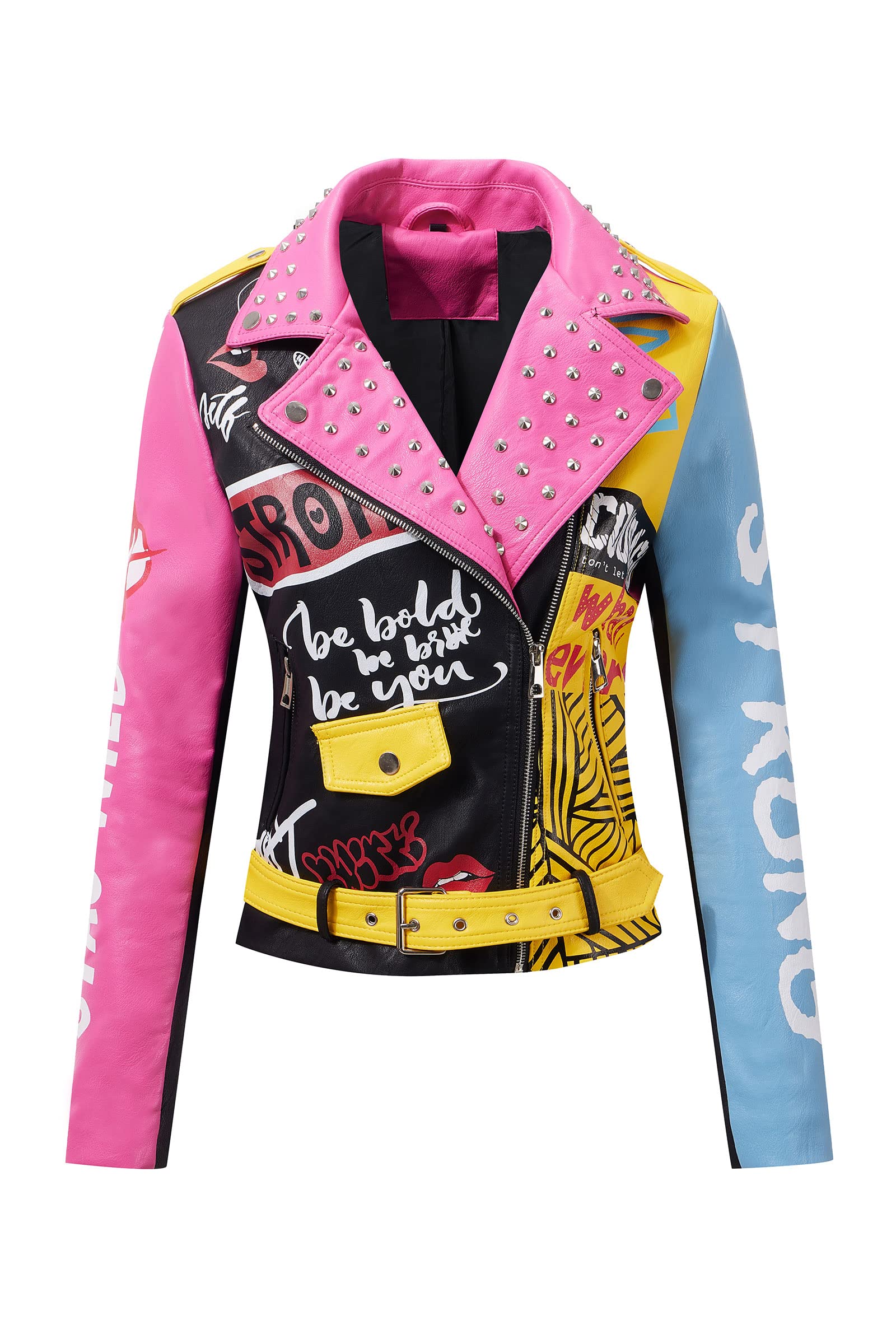 RISISSIDA Women Faux Leather Jacket Studded Rivet Spring Fall Winter Fashion, Moto Biker Trendy Clothes Streetwear Belted