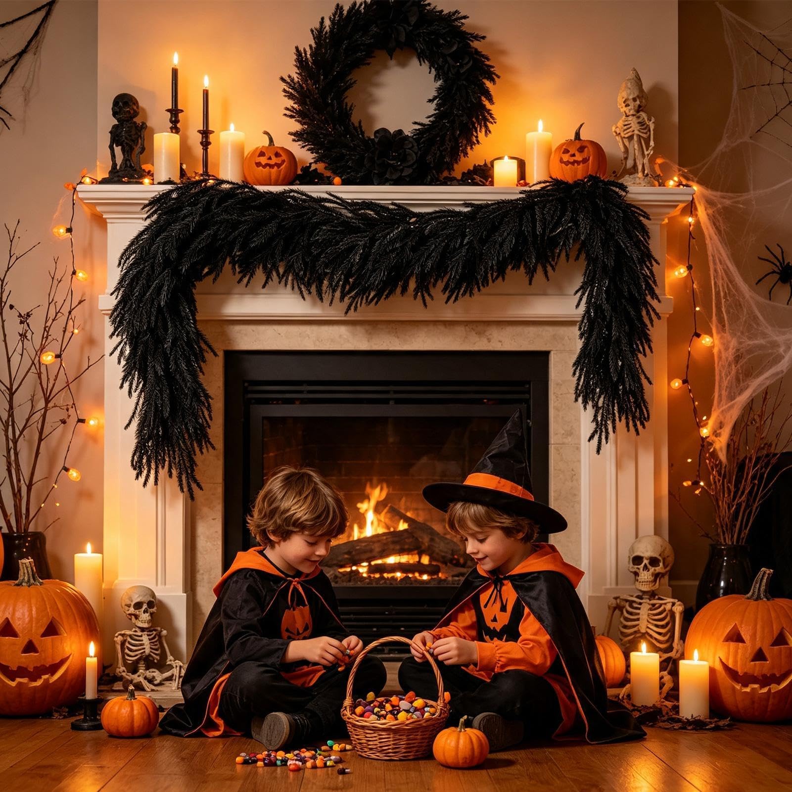 na Halloween do kominka, 1,8 m, sztuczna czerń, realistyczna | Halloween dekoracja stołu do wnętrz, stołu, kuchni, biura, na taras, imprezę, festiwal,