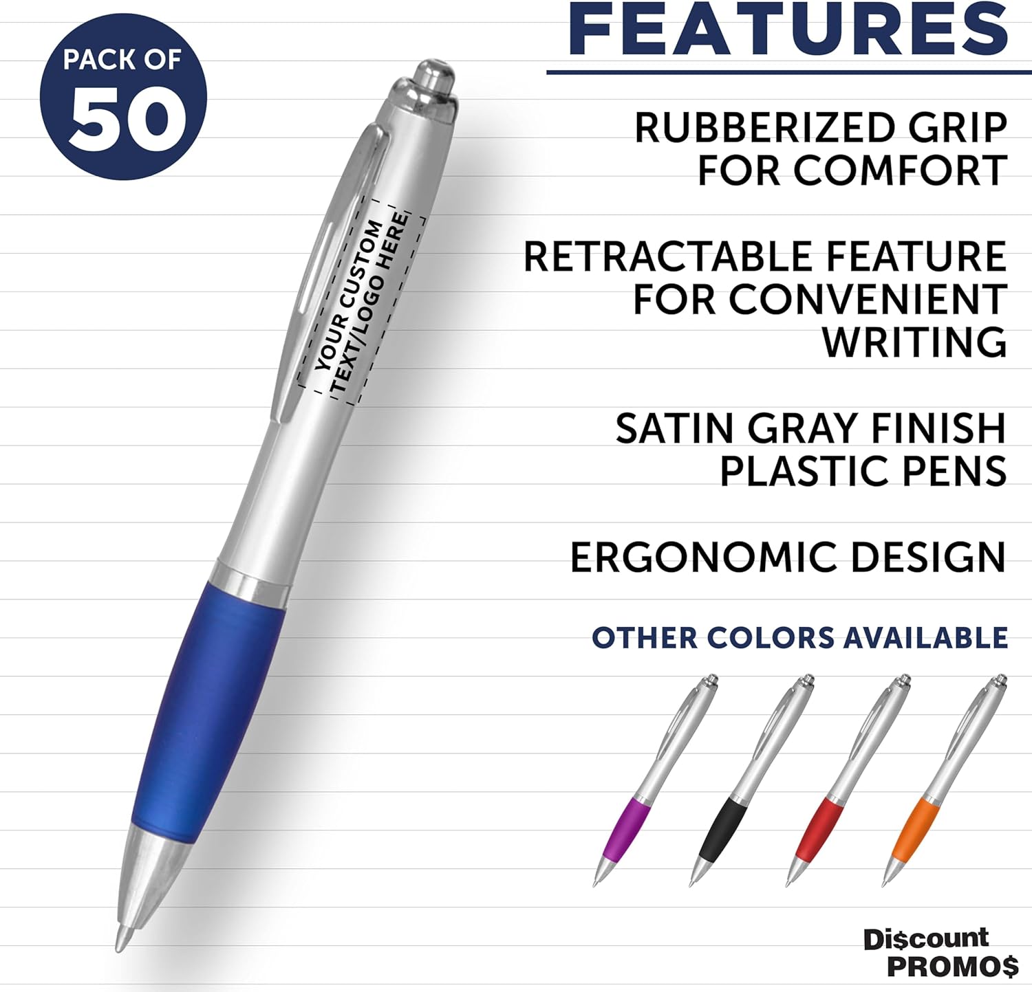 Personalized Ballpoint Pens with Rubber Grip and Click Button, Pack of 50 by DISCOUNT PROMOS - Ergonomic Design, Ideal for Office & Trade Shows – Blue