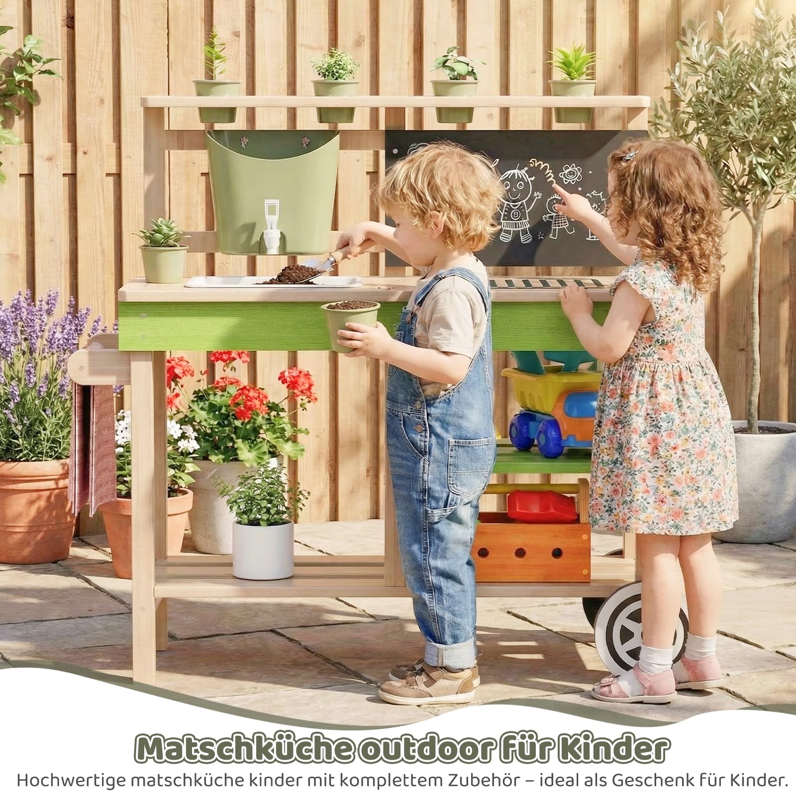 MAMIZO Cucina per Bambini da Esterno, Cucina Giocattolo in Legno con Ruote, Rubinetto Funzionante, 4PCS Vasi per Piante, Lavagna, Ripiani e Accessori Cucina, 88,5x33,5x85 cm, per Bambini +3 Anni