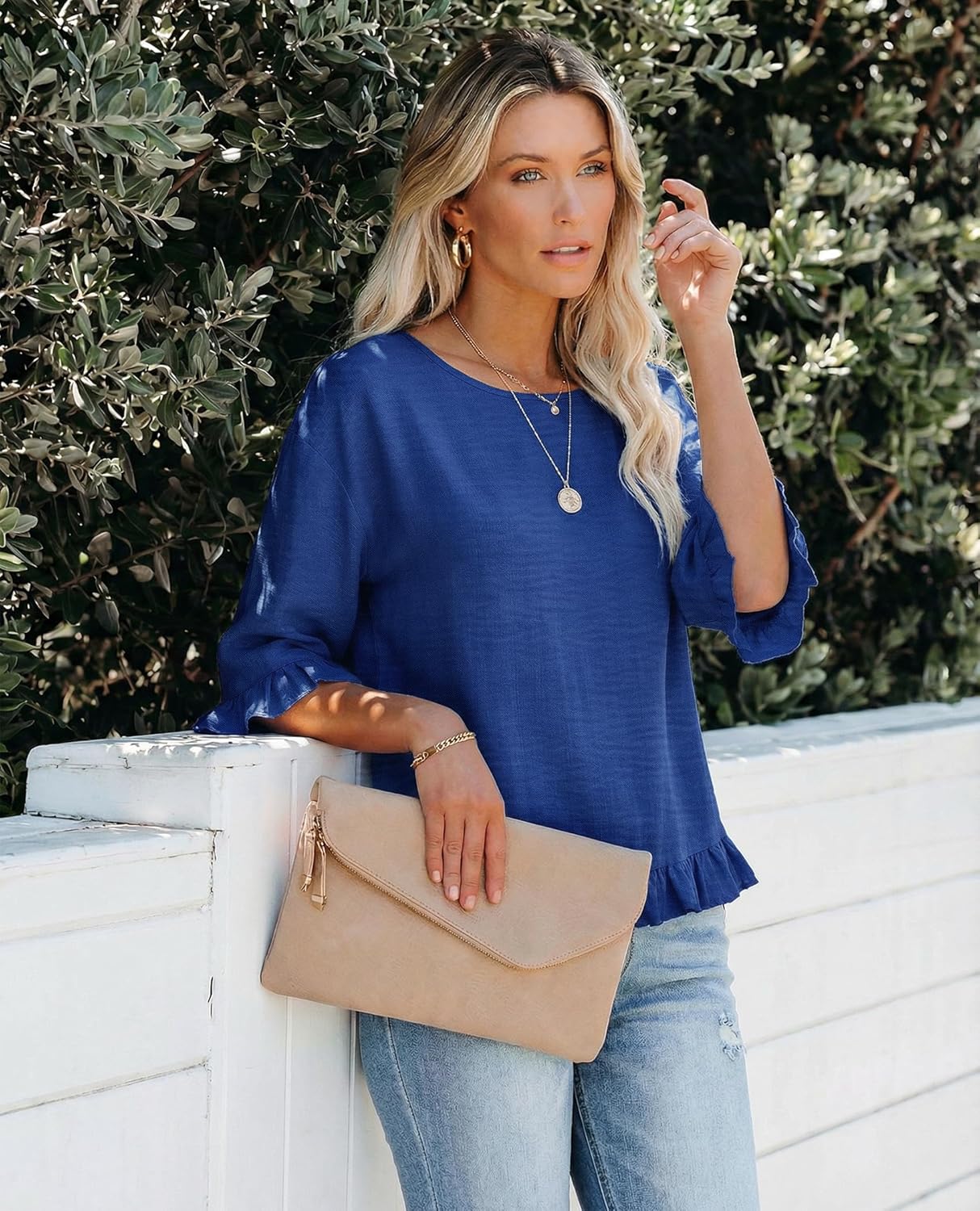 siliteelon Womens 3/4 Sleeve Tops Summer Tshirts Ruffle Flowy Crew Neck Dressy Casual Blouses 2026 Trendy Cute Work Outfits - Image 5