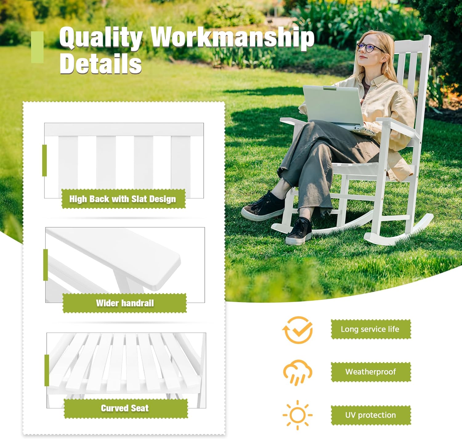 Greesum Outdoor Rocking Chairs Set of 2, Acacia High Back Oversized All-Weather Lounge Rocker with 320 lbs of Support for Patio, Garden, Deck, Porch,White