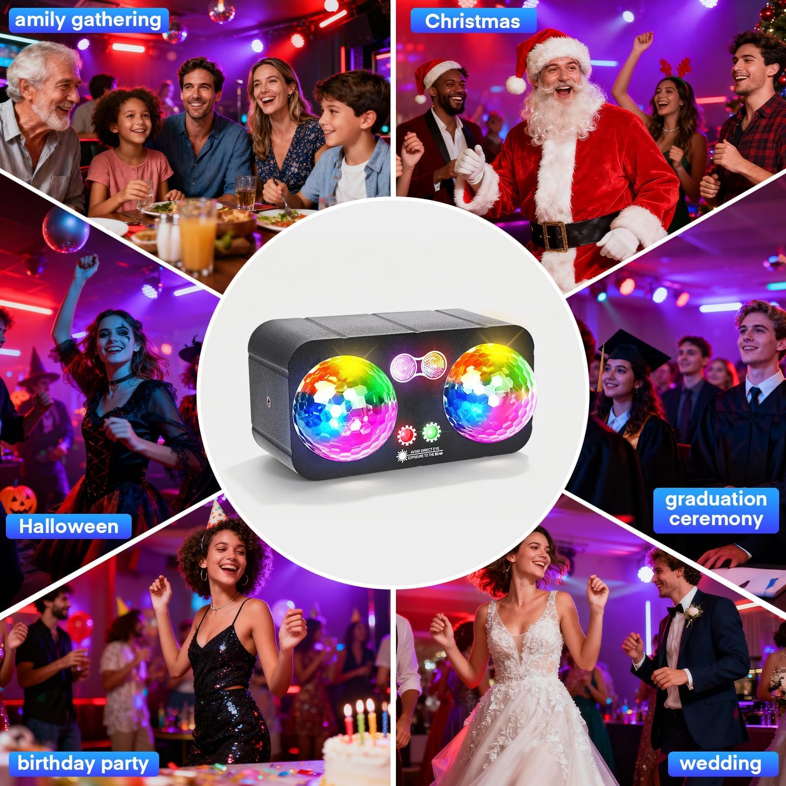Lumières Disco 6 en 1 avec Trépied, Jeu de Lumière Disco avec 2 Boules Disco Lumière DJ RGB Activée par Musique, Effet Stroboscopique, Lampe de Scène pour Fête, Mariage, Soirée DJ, Noël et Halloween