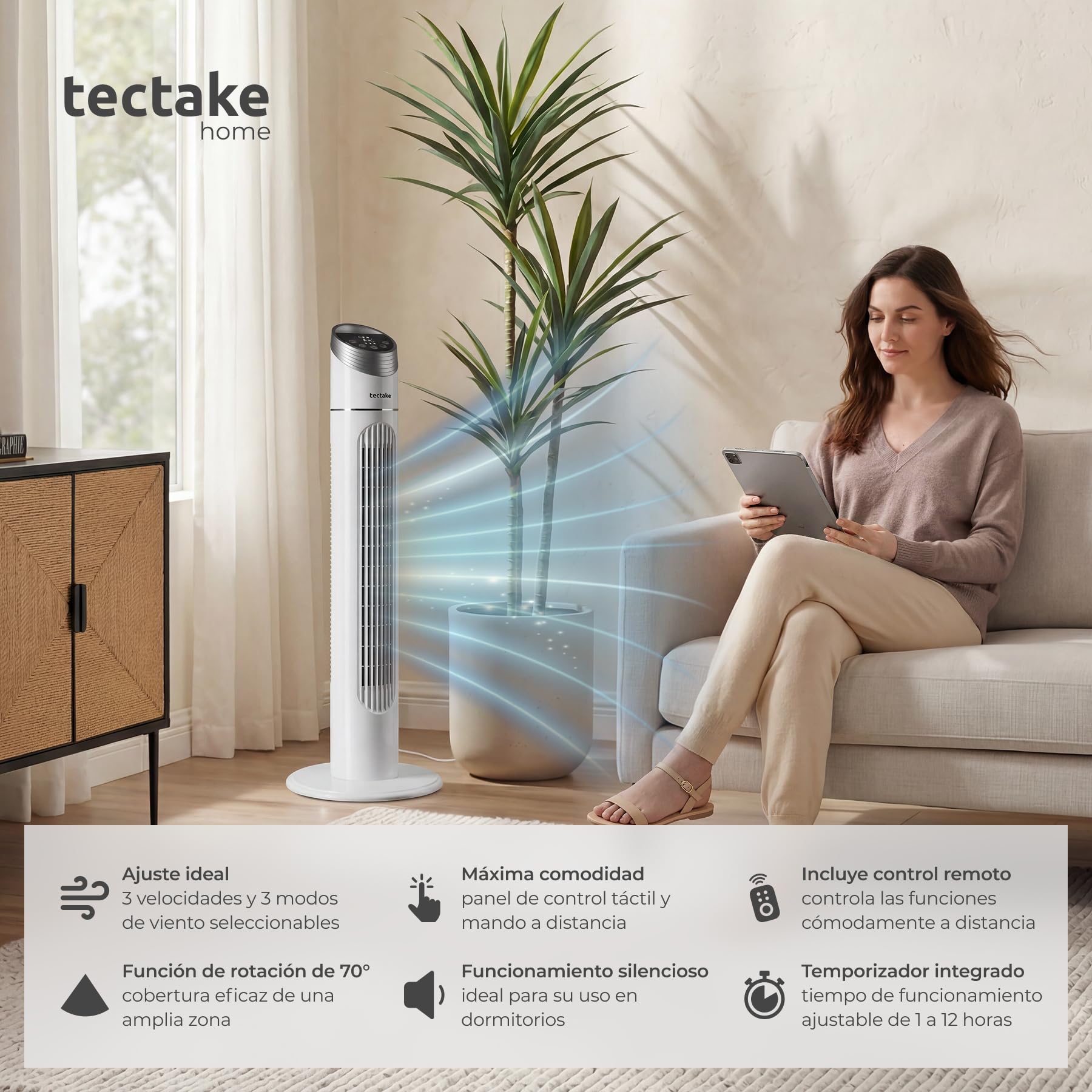 tectake® Ventilador de Torre Silencioso, 90 cm, con Panel de Control LED, Tres Velocidades y Modos, Rotación y Temporizador, Ventilador de Pie con Mando - Blanco