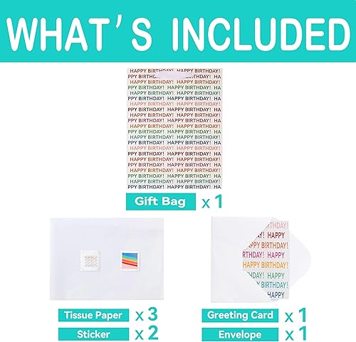 Miniatura 3 de Juego de bolsa de regalo de cumpleaños blanca grande de 13 pulgadas con diseño de texto arcoíris, tarjeta de felicitación y papel de seda para