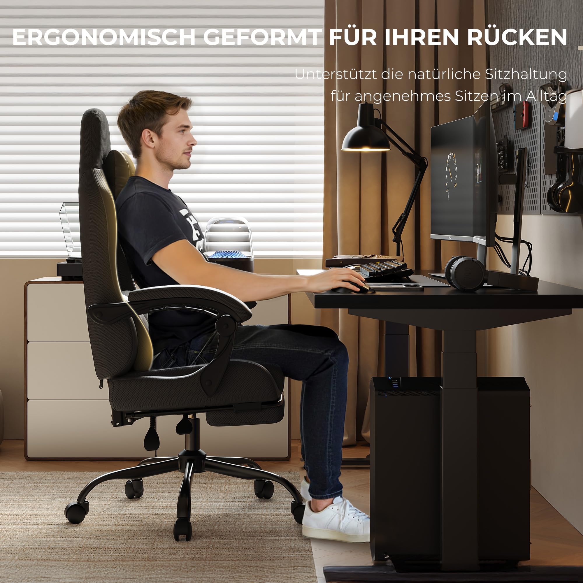 Nexthra Gaming Stuhl Ergonomisch mit Fußstütze, Gepolsterter Gamer Stuhl bis 180 kg, 150° Verstellbare Rückenlehne, Komfortabler Gamingstuhl Bürostuhl für Gaming und Büro, Schwarz