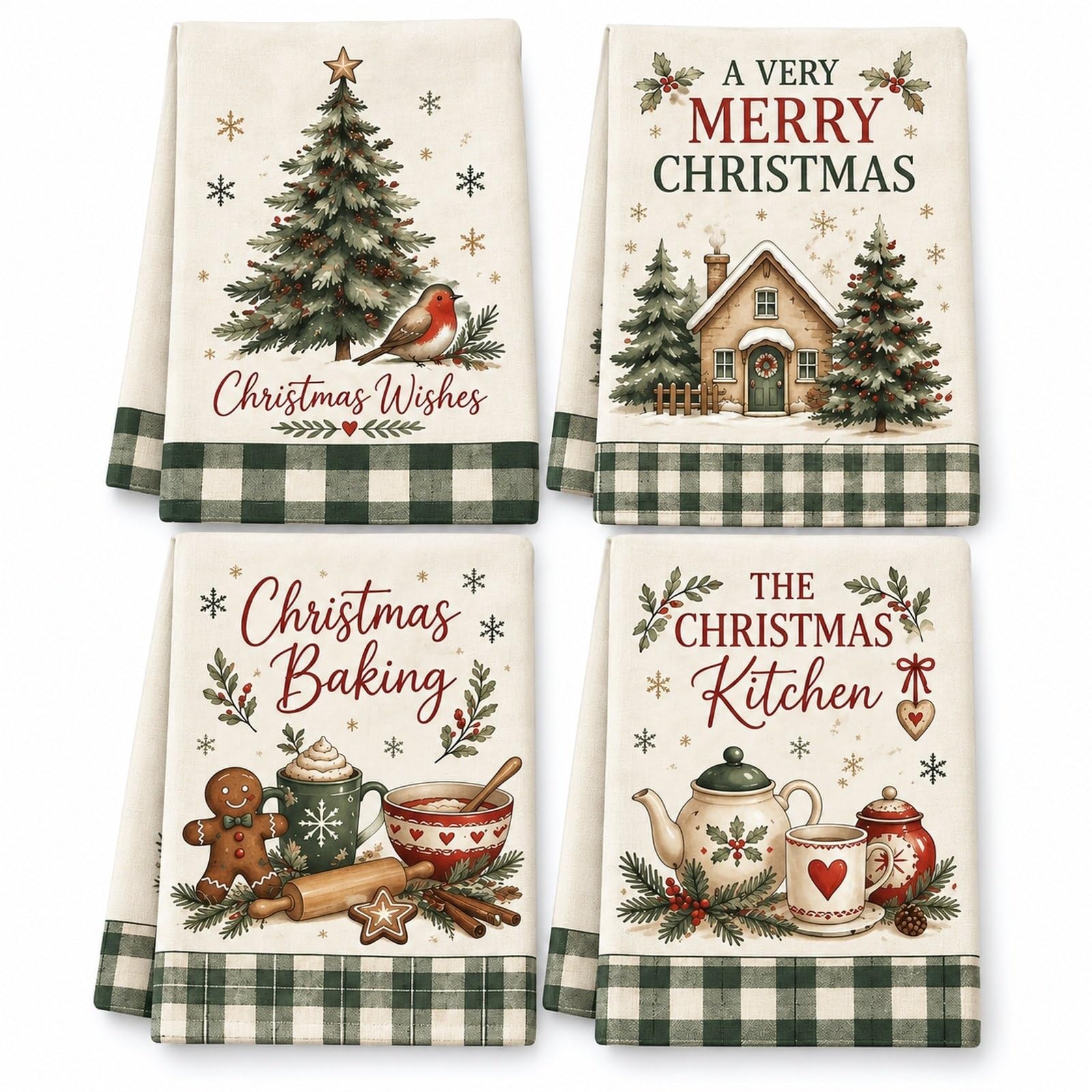4 Pack Christmas Tea Towels, Vintage Kitchen Christmas Decorations set
