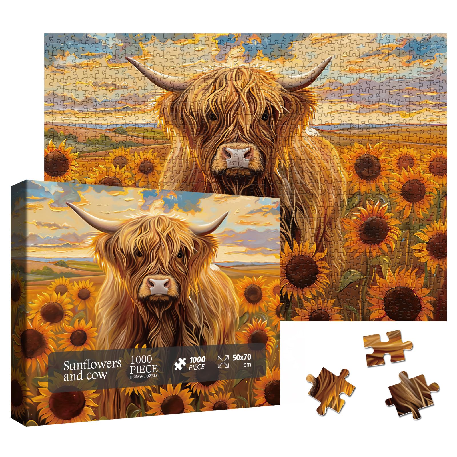 Beautiful Sunflower Highland Cow Jigsaw Puzzle 1000 Piece for Adult, Nature Animal Flower Painting Jigsaw Puzzles, Funny Art Plant Scenic Puzzle