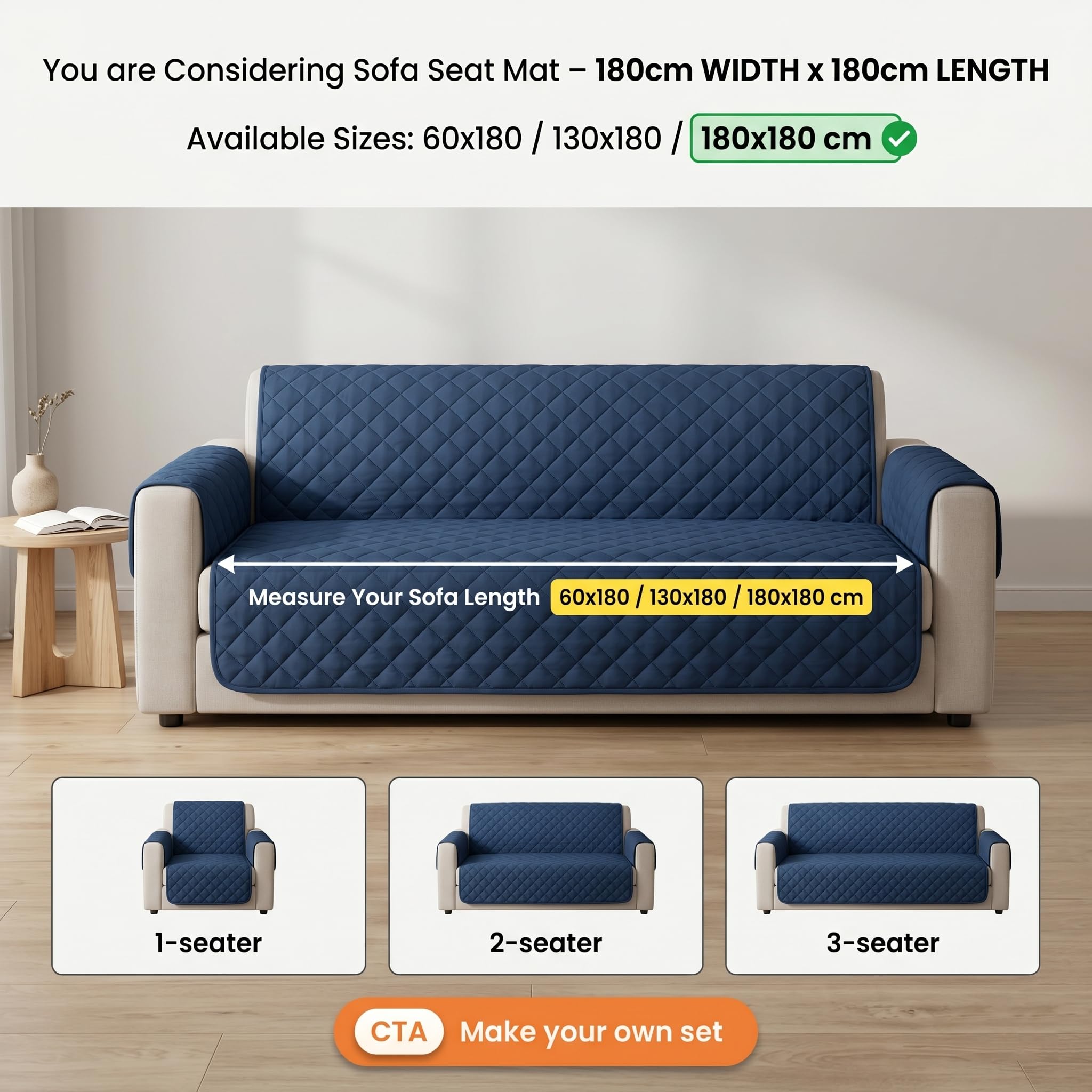 Stylish Reversible Sofa Cover - 3 Seater, Navy Blue -3