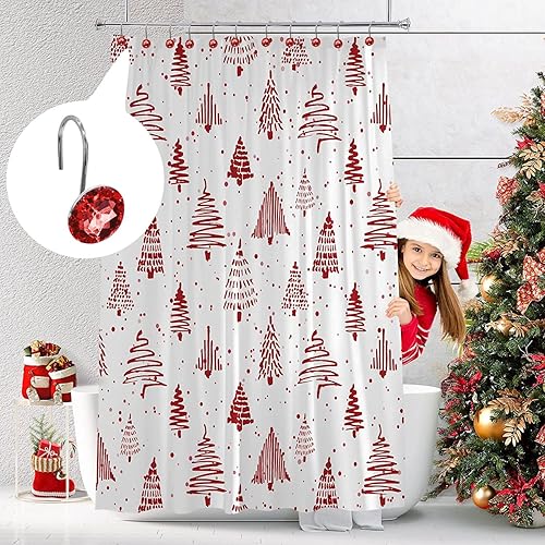 Miniatura 2 de MitoVilla Anillos de cortina de ducha rojos de Navidad, ganchos de ducha navideños para forro de cortina de ducha borgoña, anillos de ducha a prueba