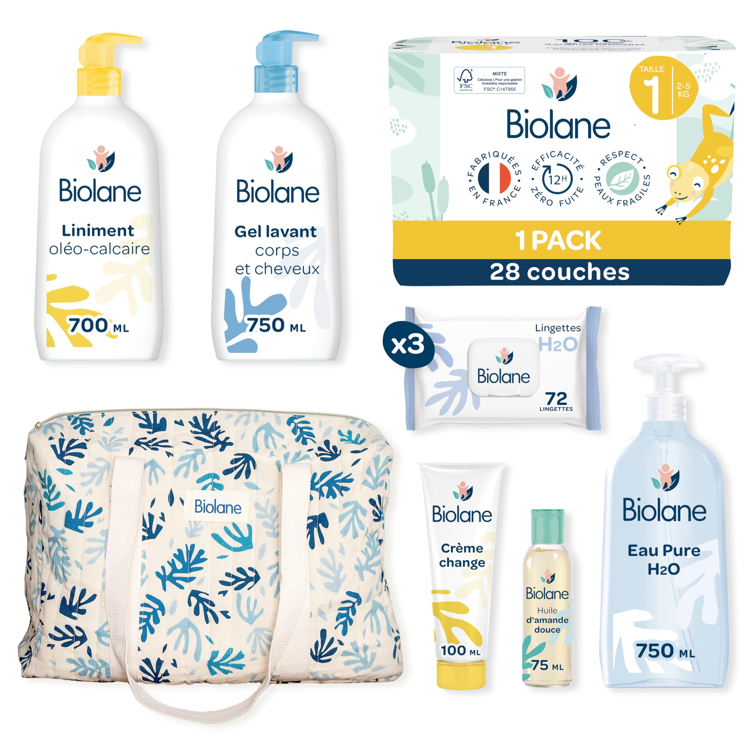 BIOLANE - Kit de cuidado de bebé nacimiento, bolsa de pañales y cuidado del bebé, pañal, toallitas H2O