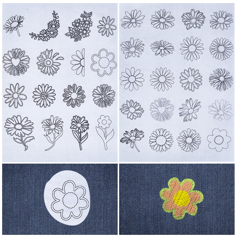 CRASPIRE Daisy Flowers Water Soluble Embroidery Stabilizers Hand Sewing Stick and Stitch Transfers Paper Wash Away Pre-Printed Self Adhesive Patterns for Bags Cloth Sewing Lovers Beginner Needlework