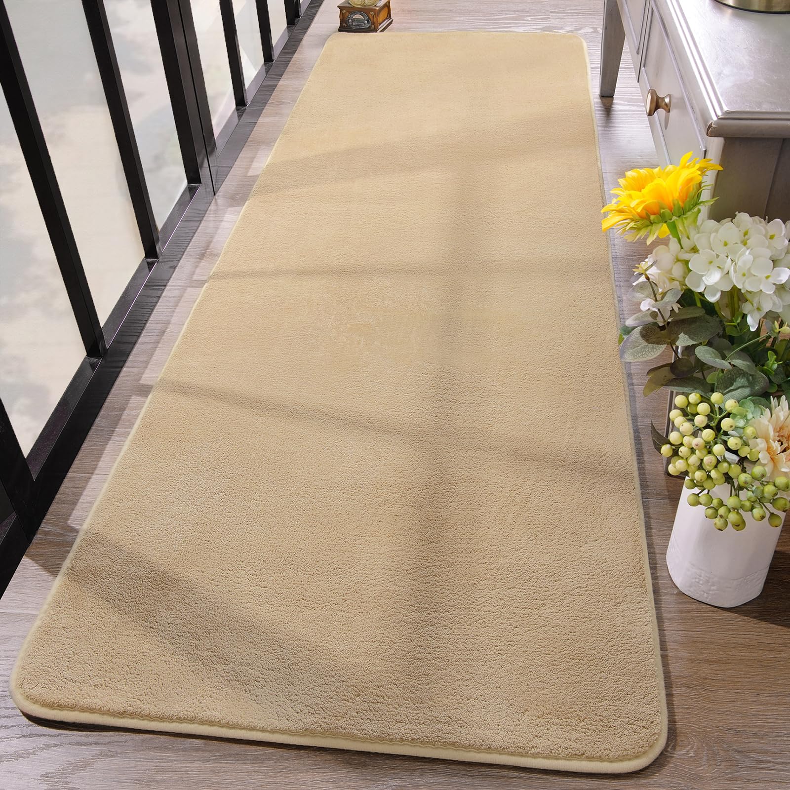 HOMORE 2x4 Runner Rug, Beige Rugs for Bedroom Living Room, Thickened Memory Foam Rugs for Bedside, Non Slip Washable Rug for Kitchen Entrance,