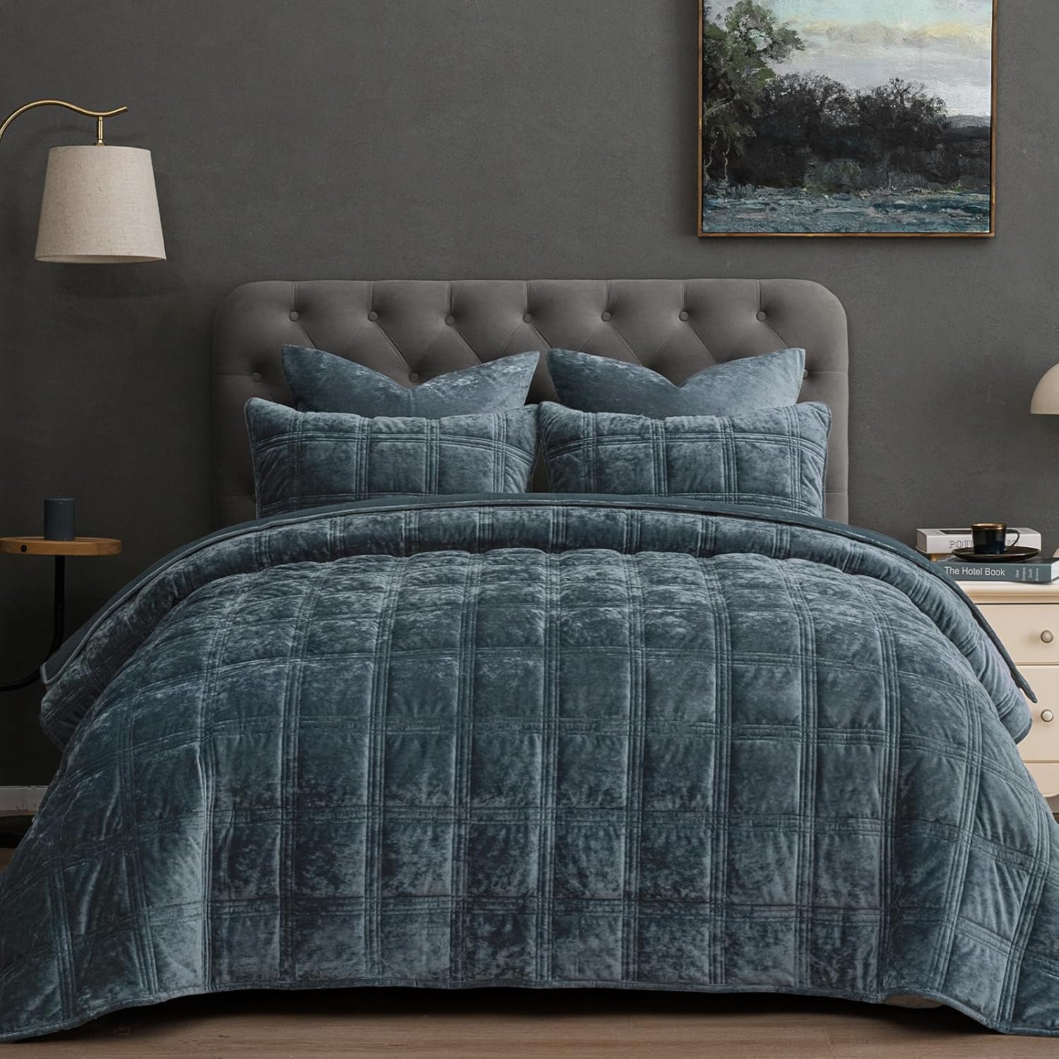PHF Ultra Soft Velvet Quilt Set Queen Size – 3PCS Luxurious Cozy Quilted Comforter Alternative with Diamond Pattern, Warm Quilted Bedspread Coverlet, 90" x 92", Stormy Blue