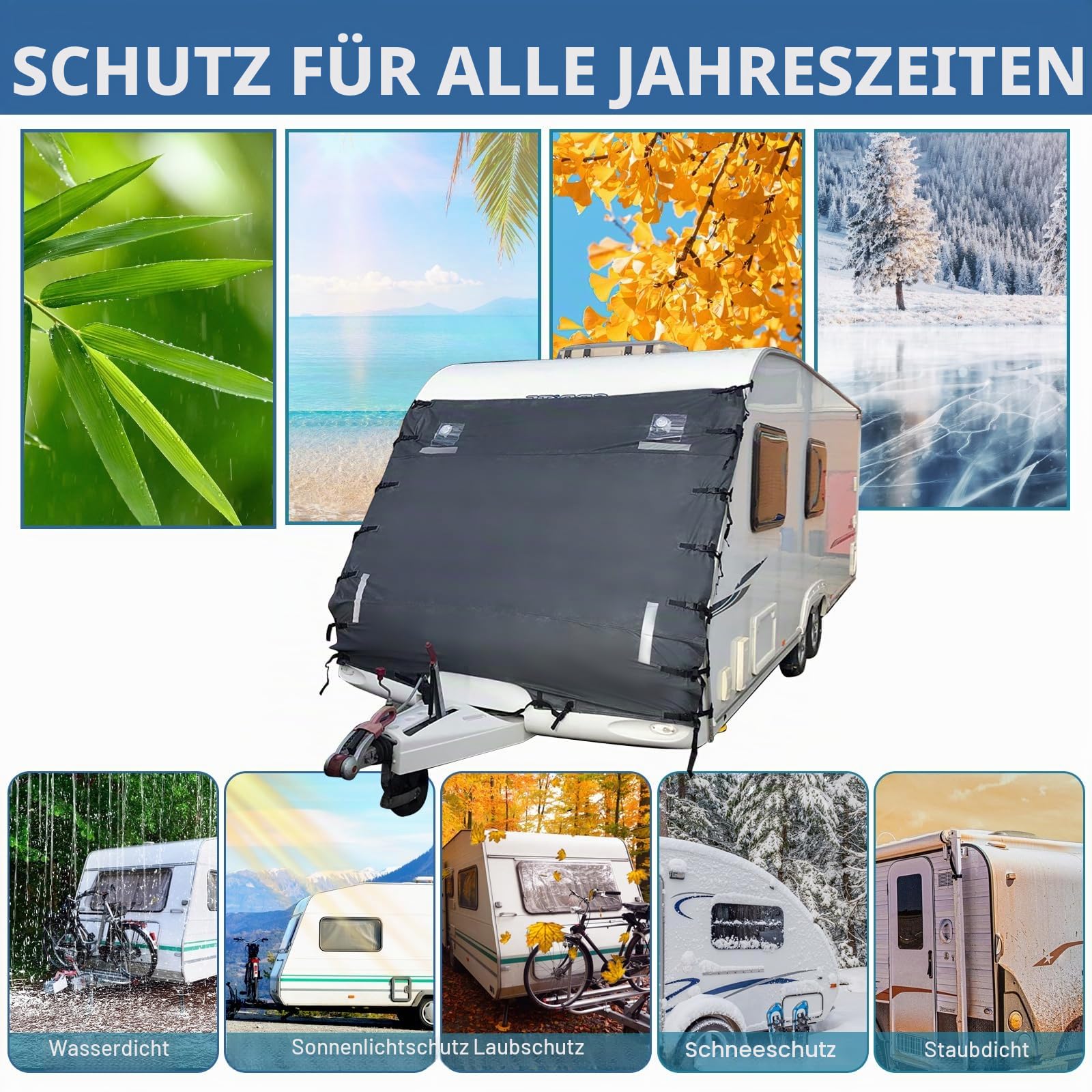CDIYTOOL 2,4 m Wohnwagen-Frontabdeckung, universell, wasserdicht, Anti-UV, Schutz für Sonne/Hitze/Frost/Eis/Schnee, mit LED-Lichtern und Reflektoren, passt für Wohnmobile, Größe 245 x 183 x 25 cm