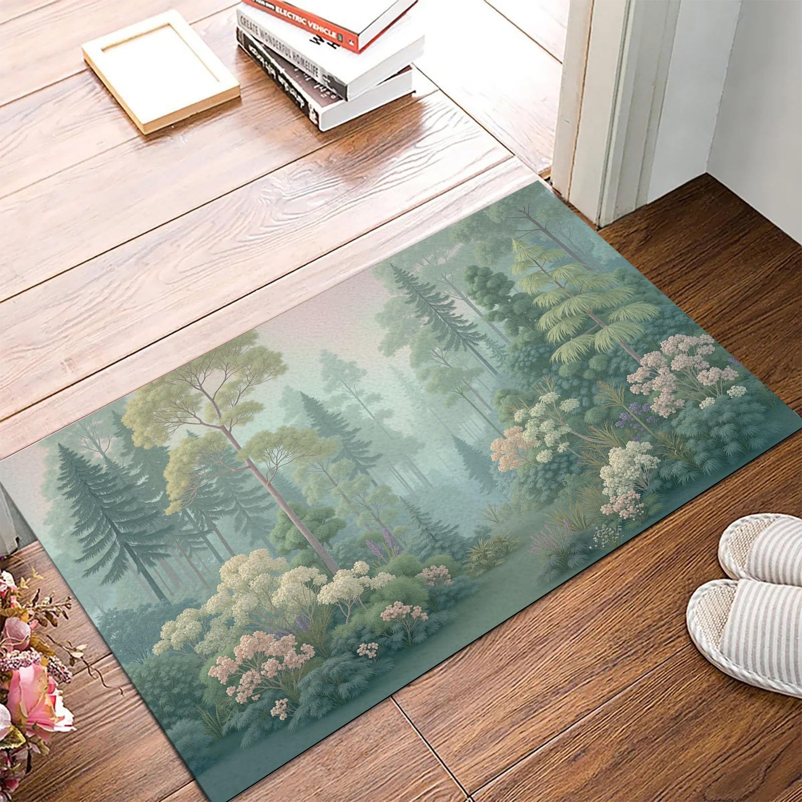 Paillasson entrée fin lavable pour couloir avec tapis de sol vert sauge