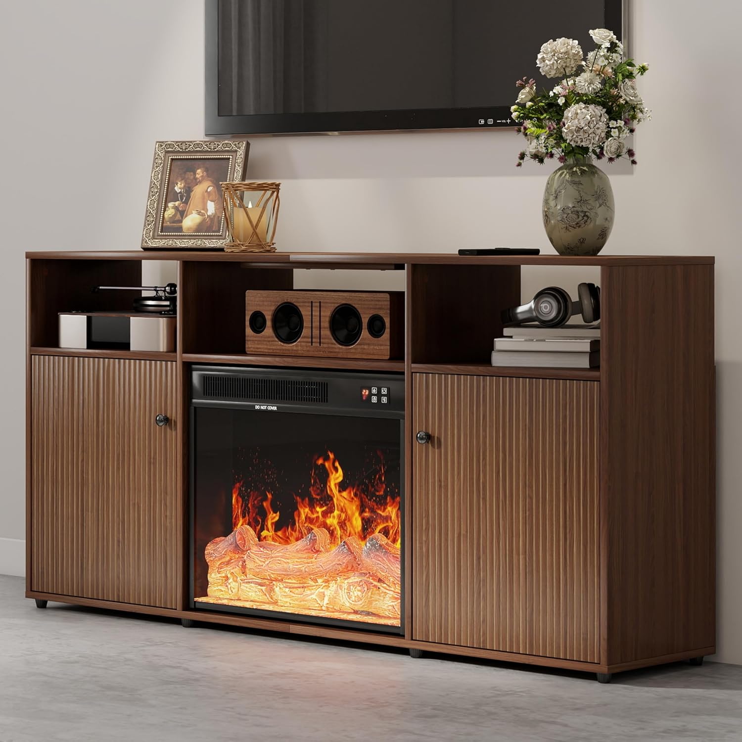 Fireplace TV Stand with 23'' Electric Fireplace, Mid Century Modern Fluted Entertainment Center for TVs up to 65", Tall TV Console with Storage Cabinets and Open Shelf for Living Room Bedroom, Walnut