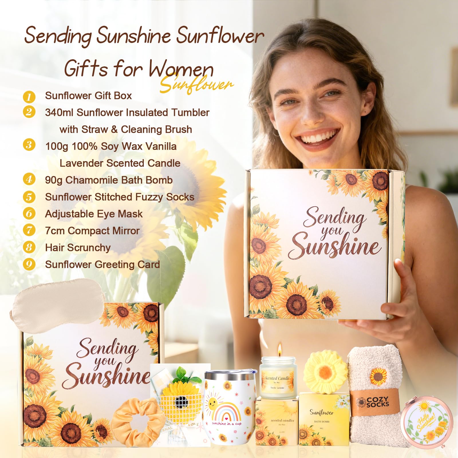 Regalos de girasol para mujeres, regalos de cumpleaños para mujeres, Get Well Soon Cestas de regalo Paquete de autocuidado Regalo Relajante Regalos de Navidad para ella, mamá, esposa