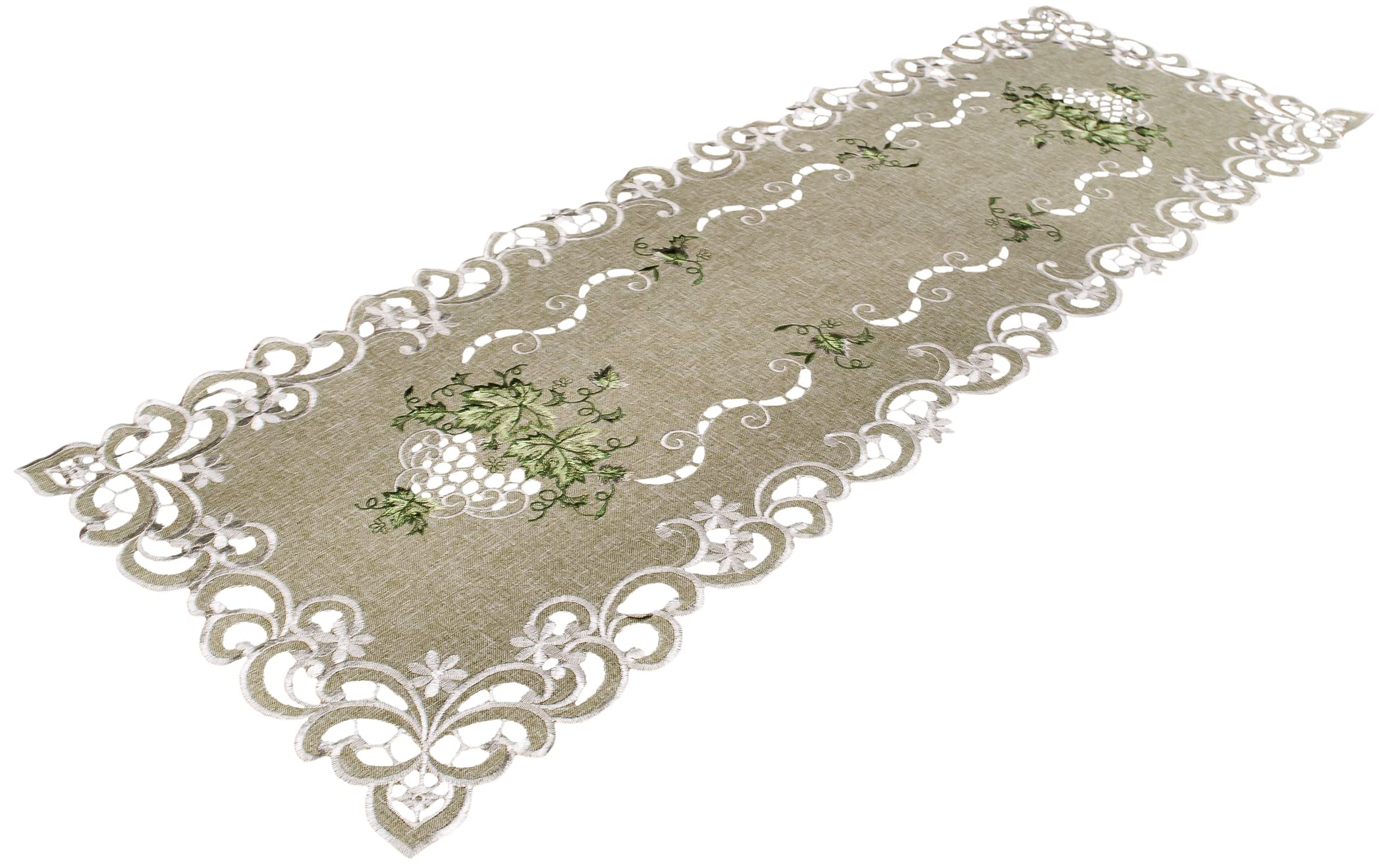 Linens, Art and Things Haftowany zielony liść na antycznej zielonej tkaninie bieżnik na stół, komoda, serwetka na stolik kawowy (16 szer. x 45 l)