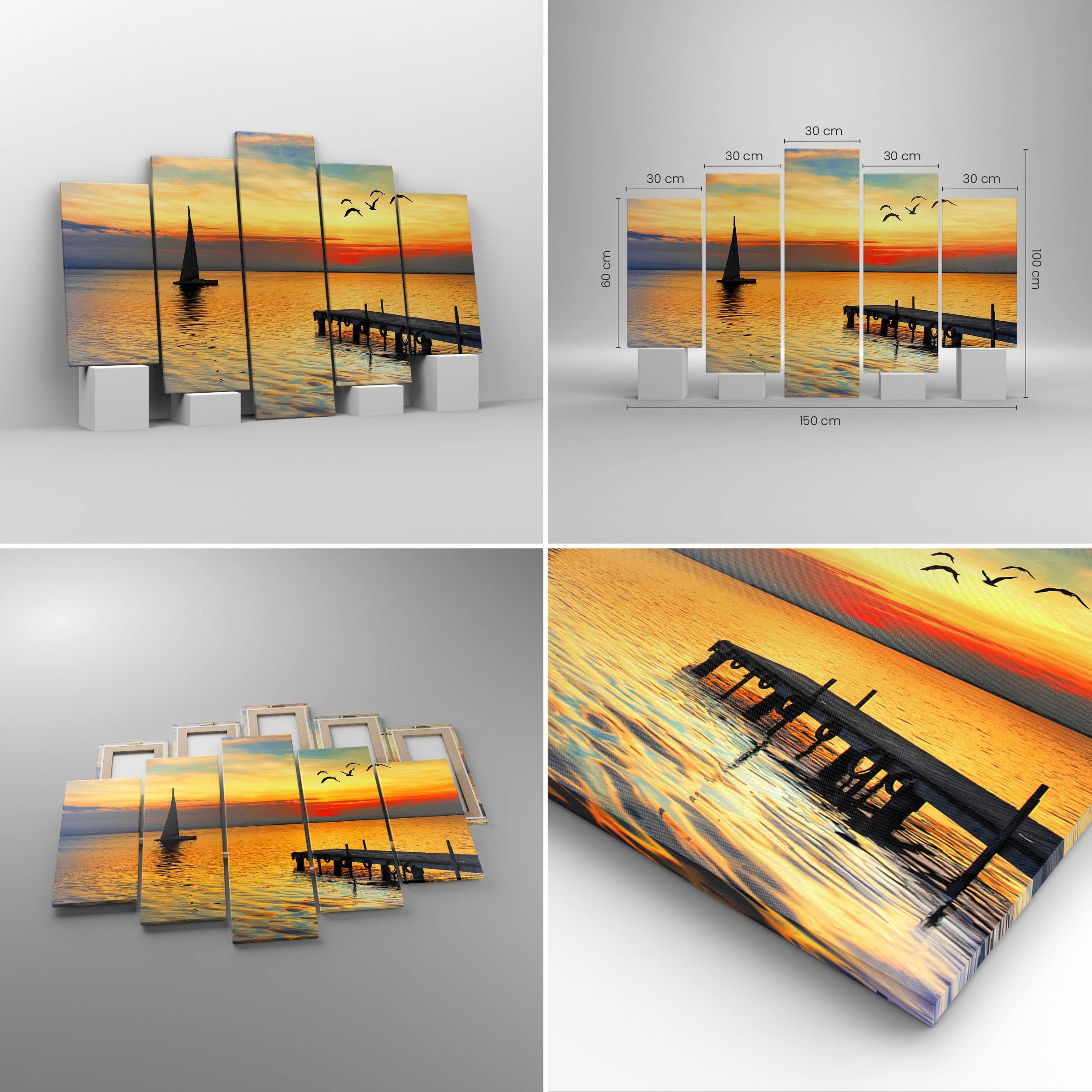 Bilder auf Leinwand 150x100cm Leinwandbild Strand landschaft wasser brücke Groß XXL Wanddeko Bild Schlafzimmer Set 5 teilige Wandbilder Dekoration Wohnzimmer Canvas Wand Kunstdruck Art EA150x100-2535