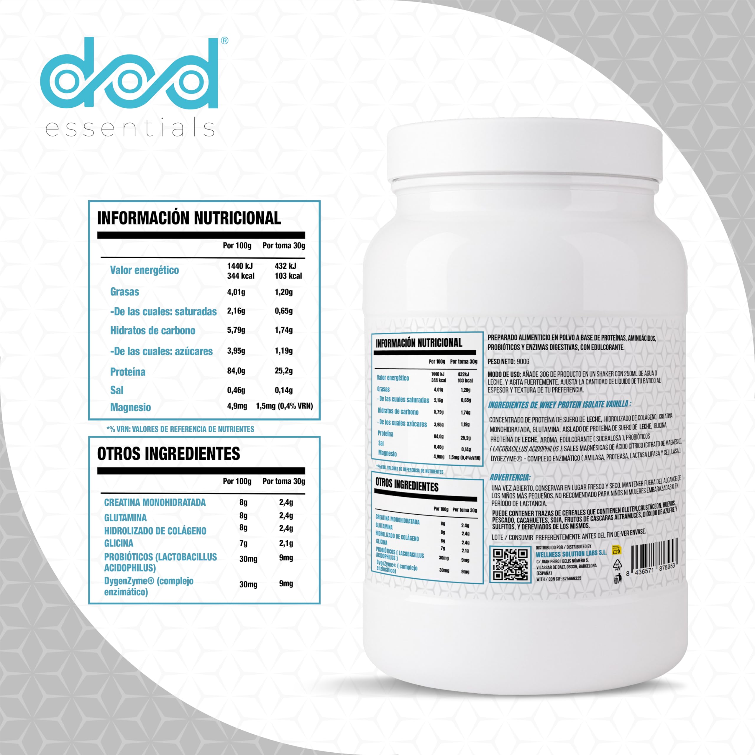 Pure Whey Isolate 84% proteína+Colágeno hidrolizado+Creatina+Glutamina Con probióticos y enzimas digestivas Baja en lactosa y azúcares Recuperación (Vainilla 900g)
